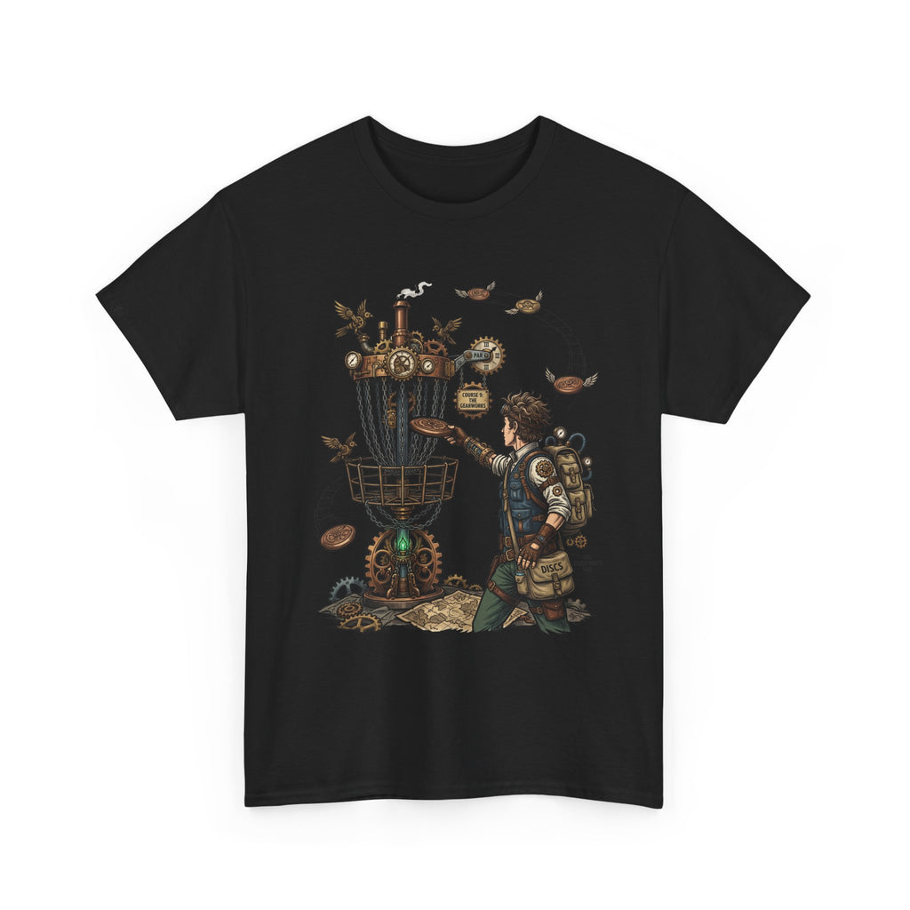 Disc Golf Adventure T‑Shirt — Steampunk Player & Birdie Basket Graphic Tee