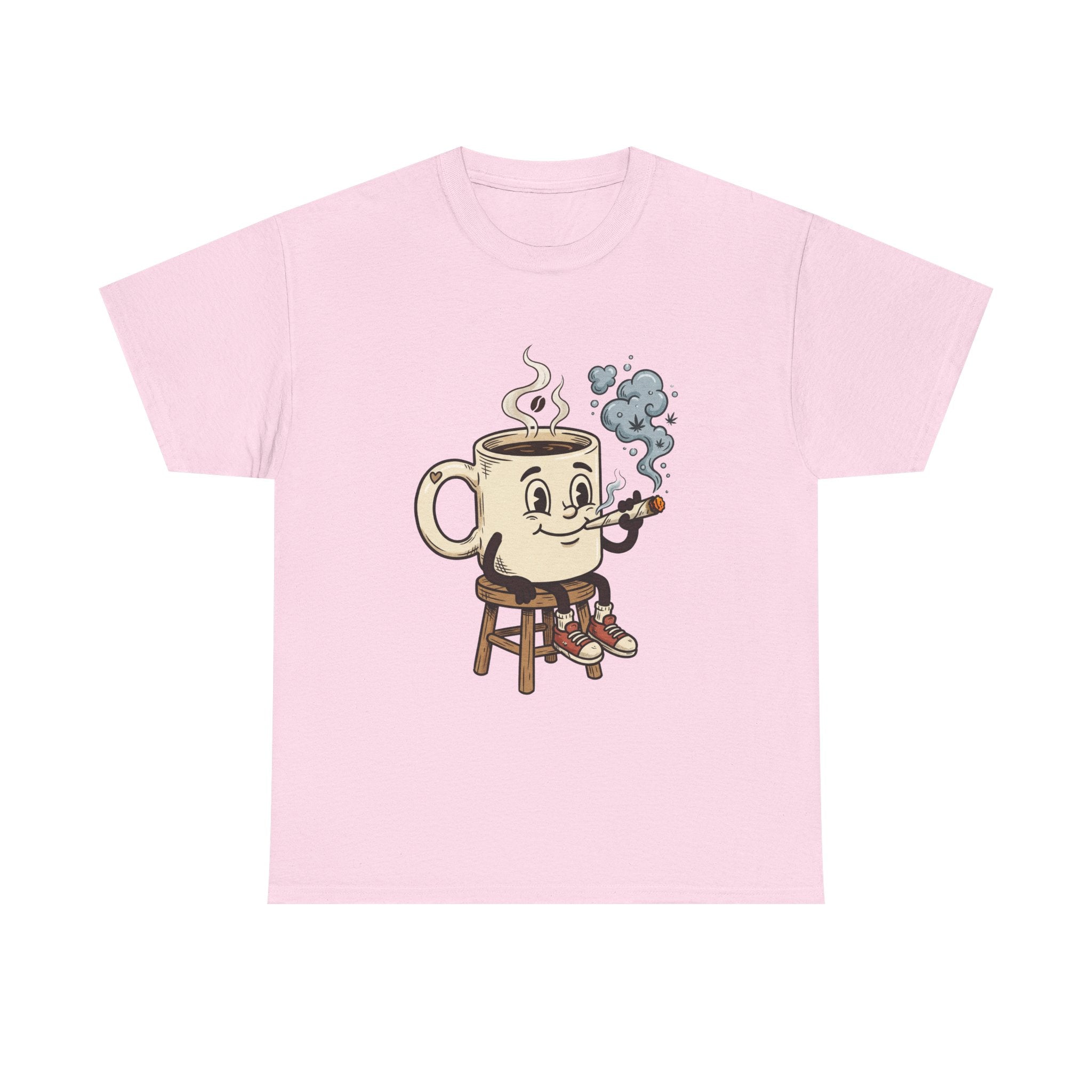 Coffee and a joint Character Tee — Retro Smiling Cup Smoking weed Graphic T-Shirt