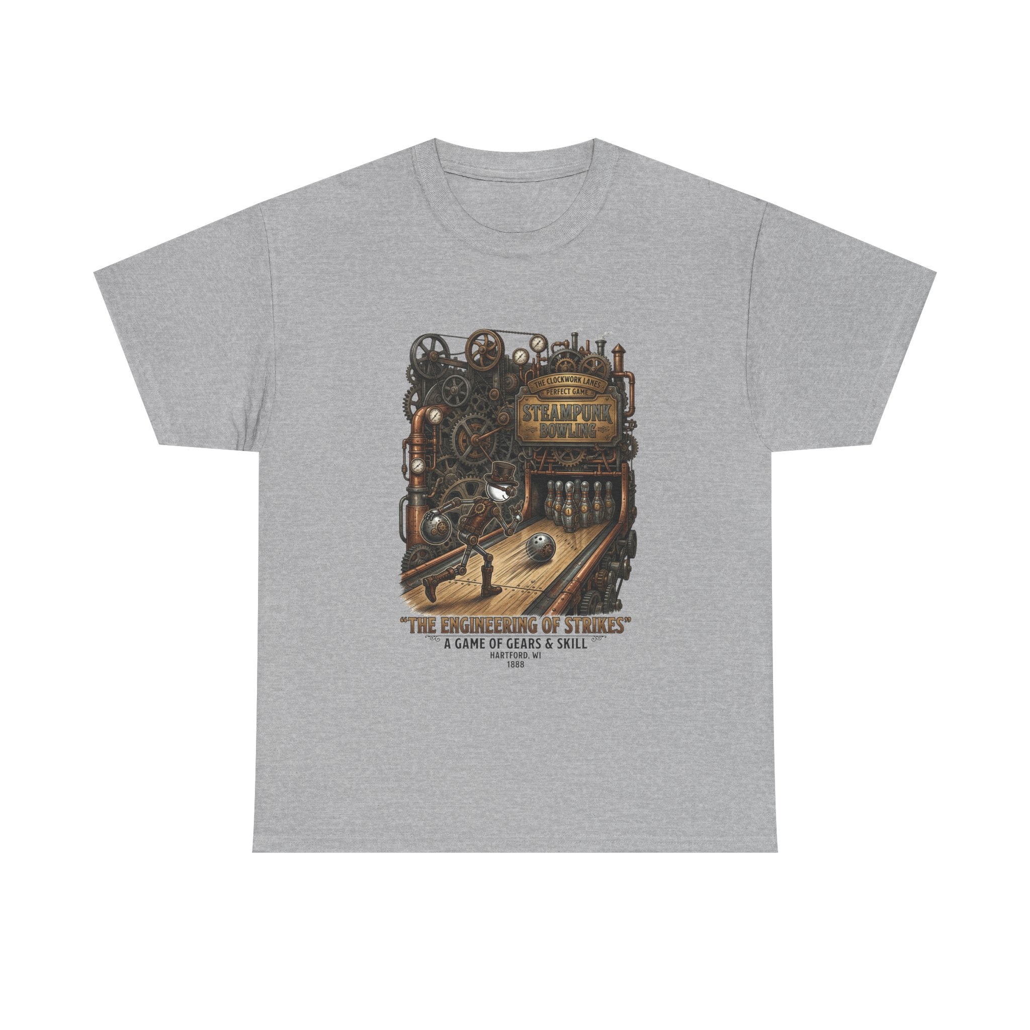 Steampunk Bowling T-Shirt — "The Engineering of Strikes" Vintage Gears Design