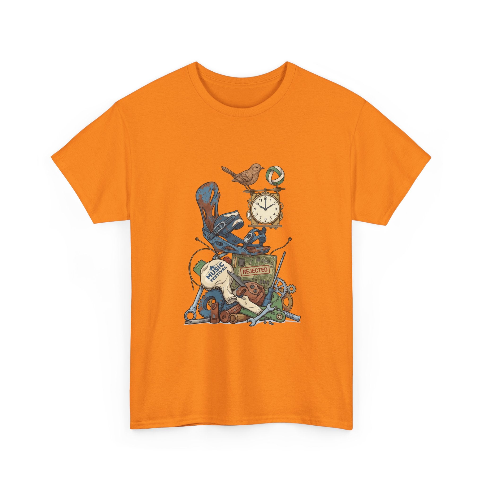 Vintage Hobbies Stack T-Shirt — Retro Clock, Guitar & Tools Illustration