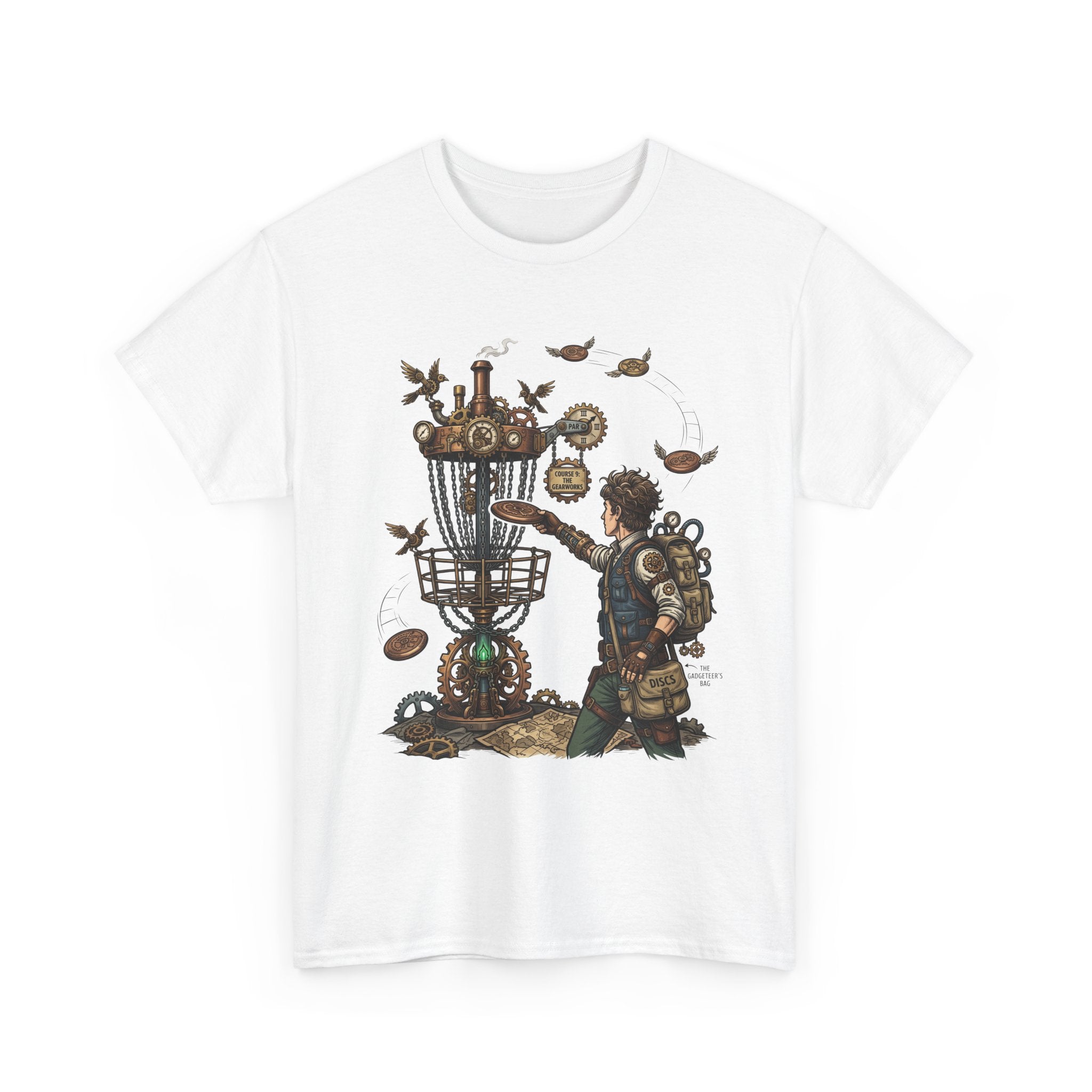 Disc Golf Adventure T‑Shirt — Steampunk Player & Birdie Basket Graphic Tee