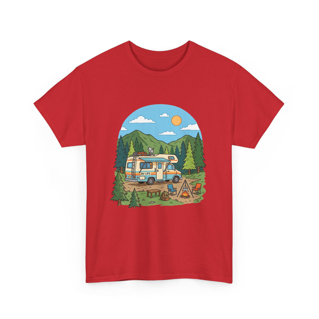 Camping Van Graphic Tee — Retro Camper Van & Campfire Outdoor Shirt