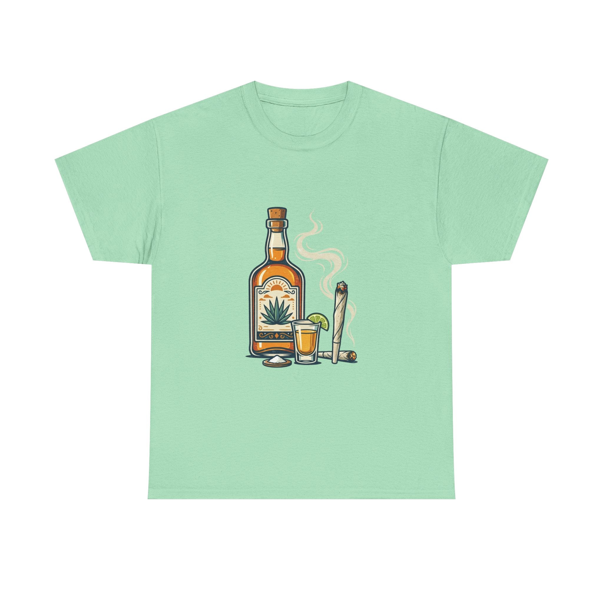 Tequila & Joint T-Shirt — Mexican Agave Bottle with Shot Glass and Joint Graphic