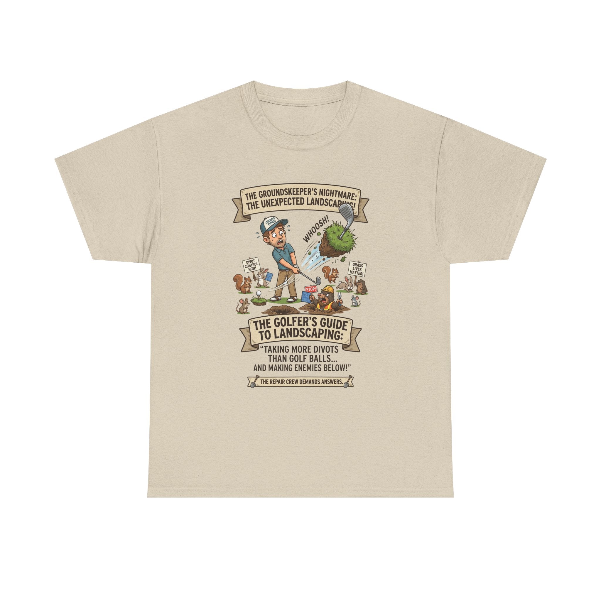 Golf T-Shirt — "The Golfer’s Guide to Landscaping" Funny Divot Course Humor Tee