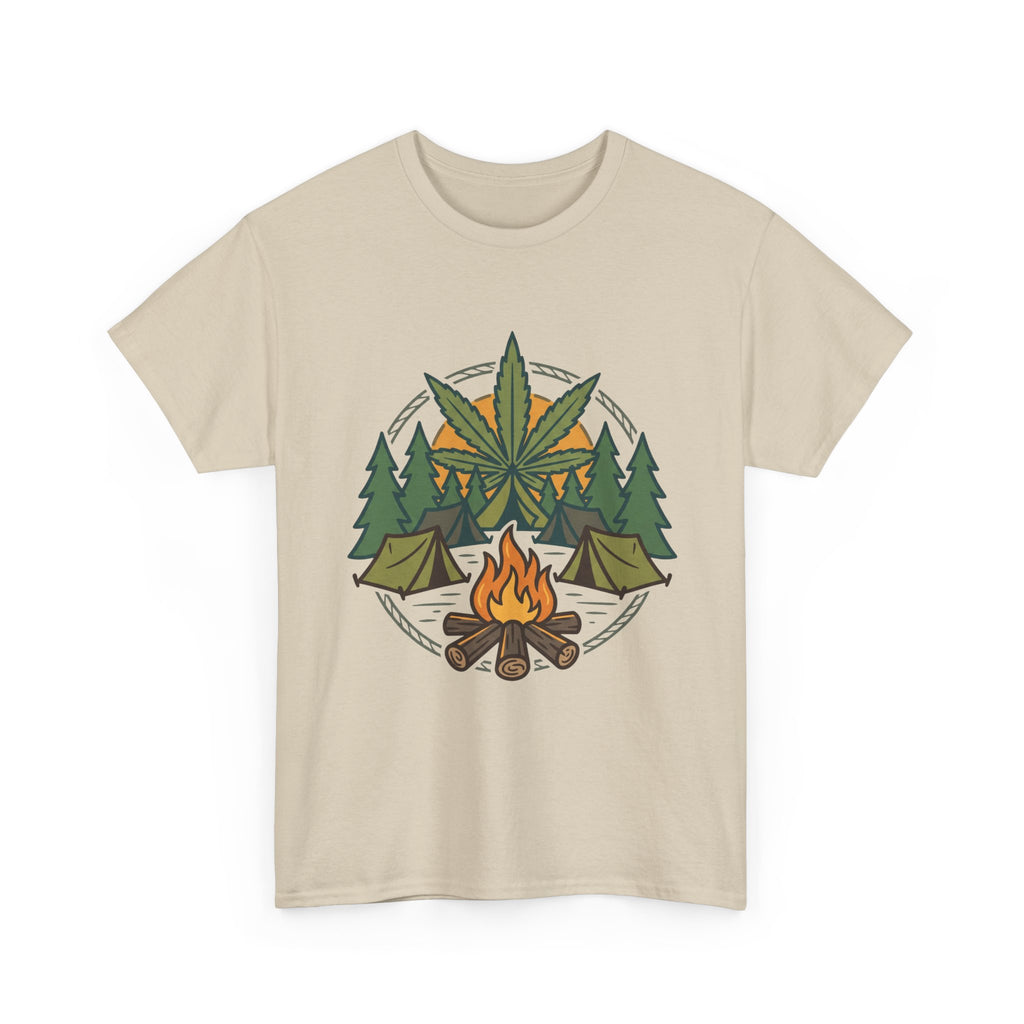 Camping Cannabis T‑Shirt – Outdoorsy Weed Leaf Campfire Graphic Tee