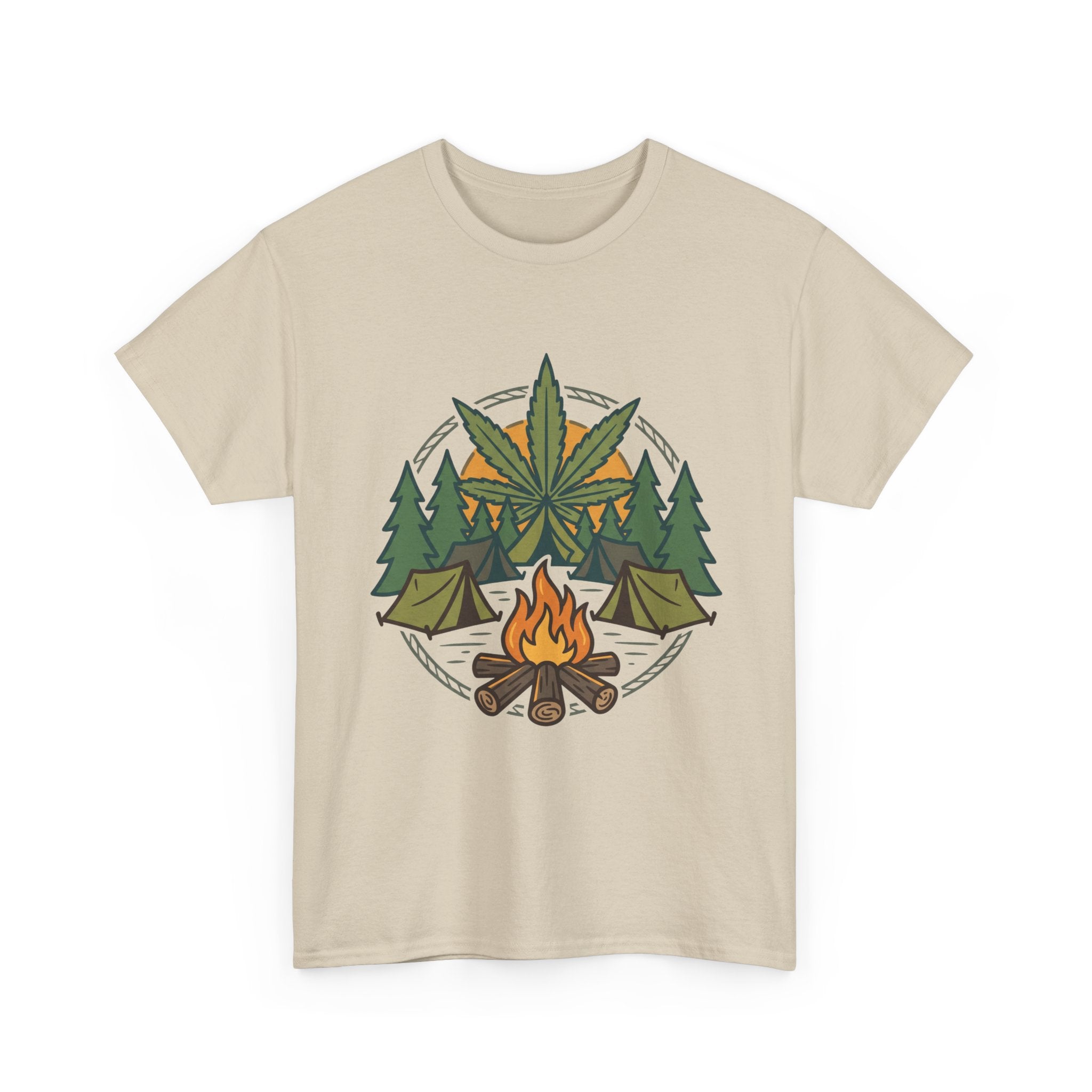 Camping Cannabis T‑Shirt – Outdoorsy Weed Leaf Campfire Graphic Tee