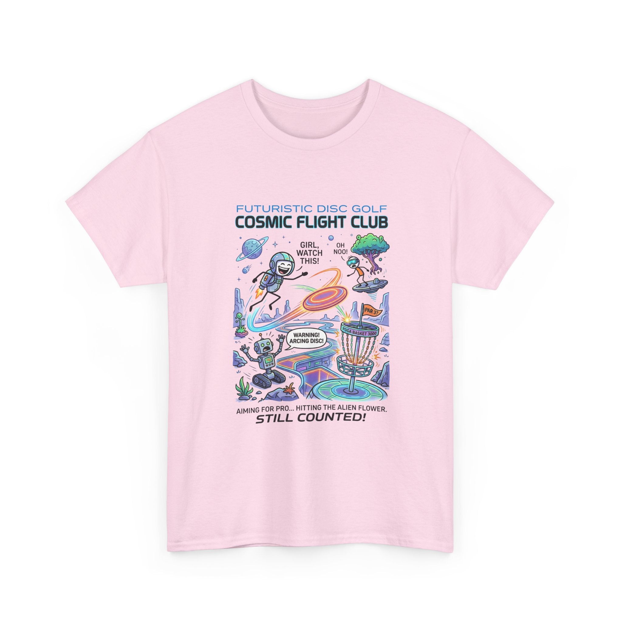 Cosmic Flight Club Disc Golf T-Shirt — Futuristic Outer Space Design