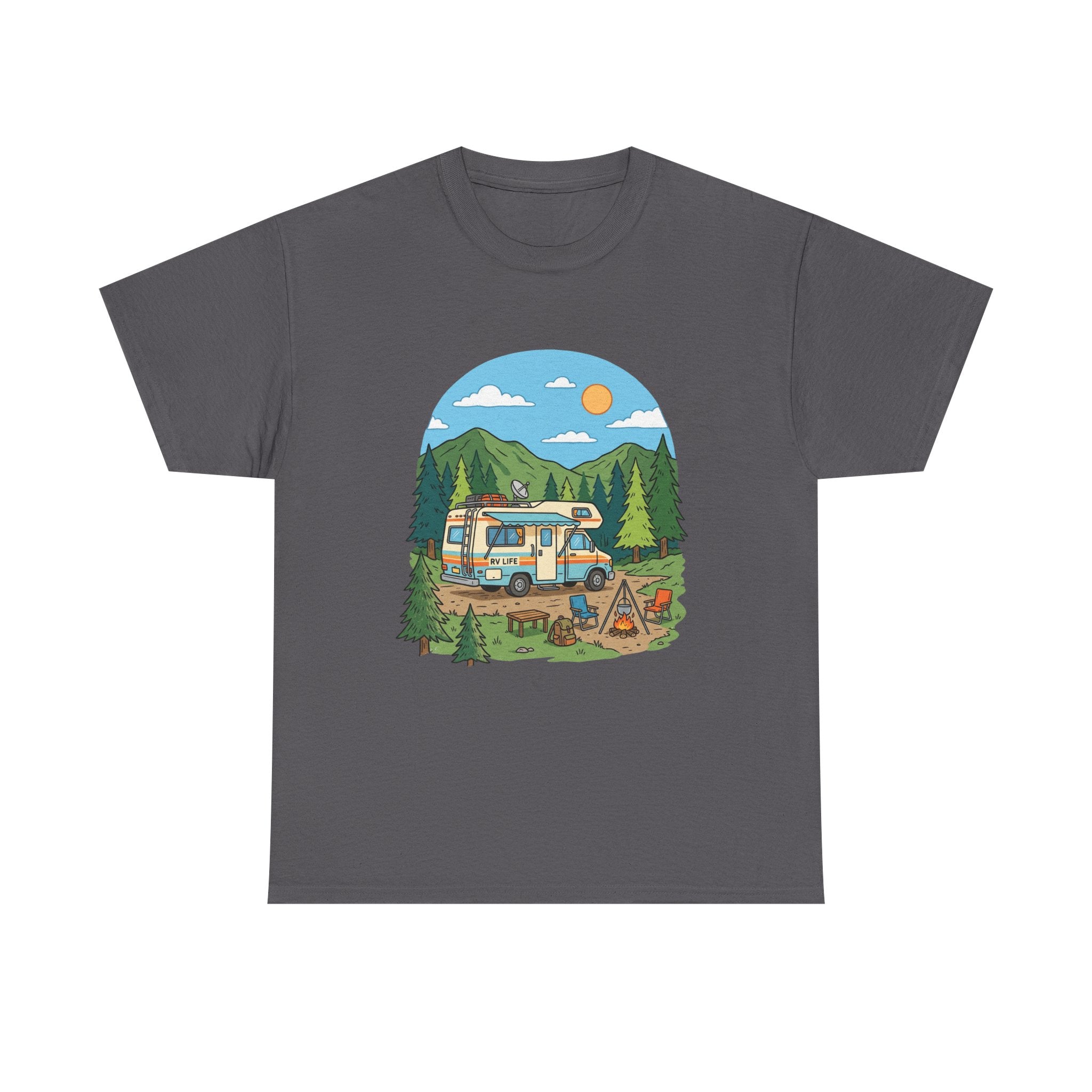 Camping Van Graphic Tee — Retro Camper Van & Campfire Outdoor Shirt