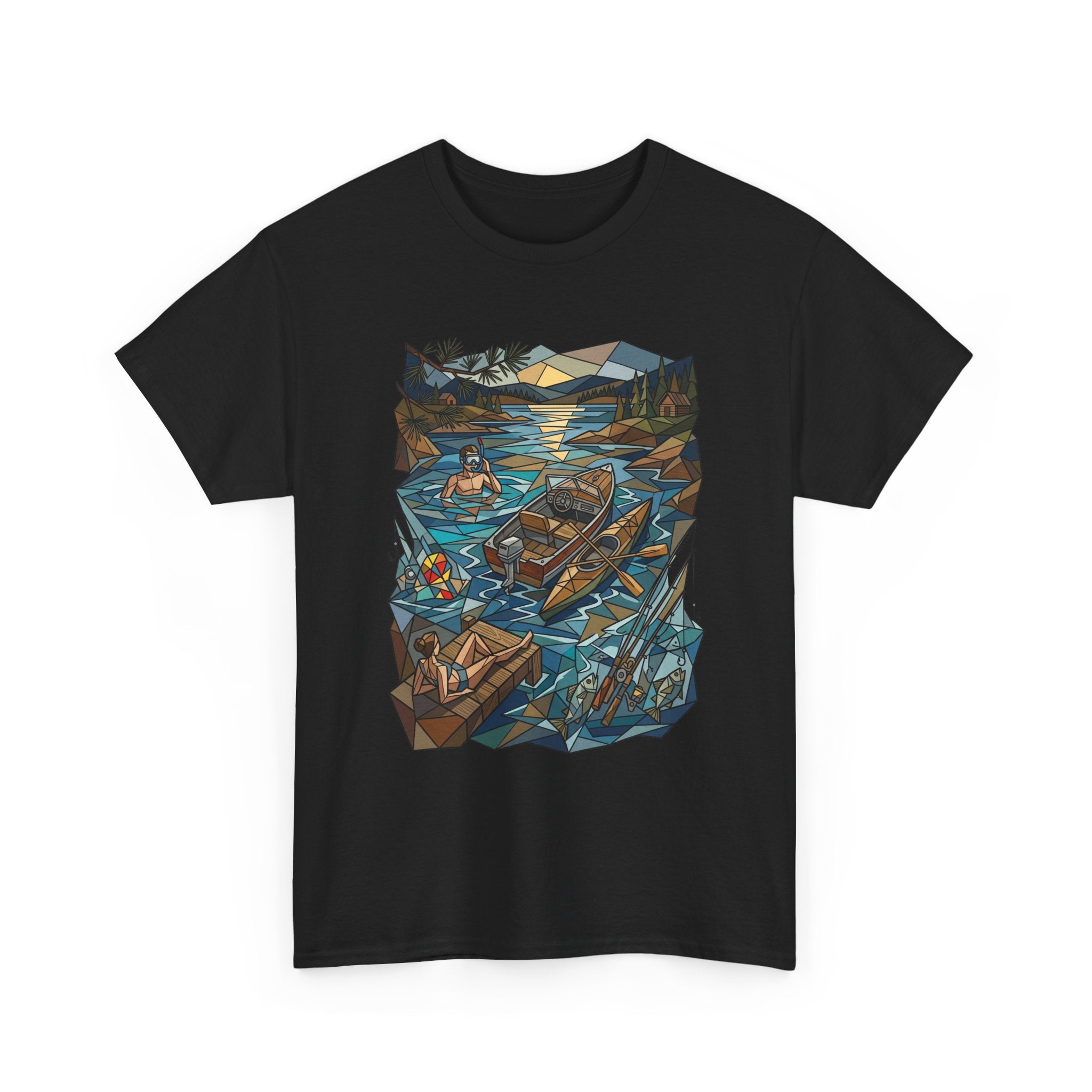Fishing River Scene T-Shirt — Scenic Canoe & Rowboat Lake Outdoor Adventure Tee