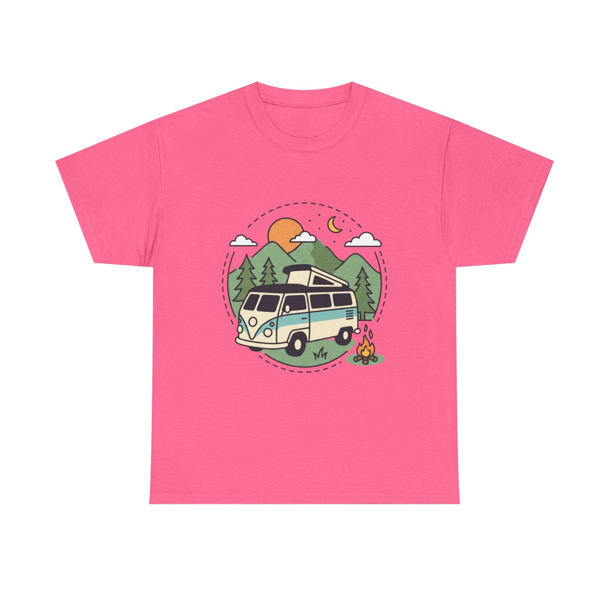 Camper Van Camping T‑Shirt — Retro Van, Mountains & Campfire Tee