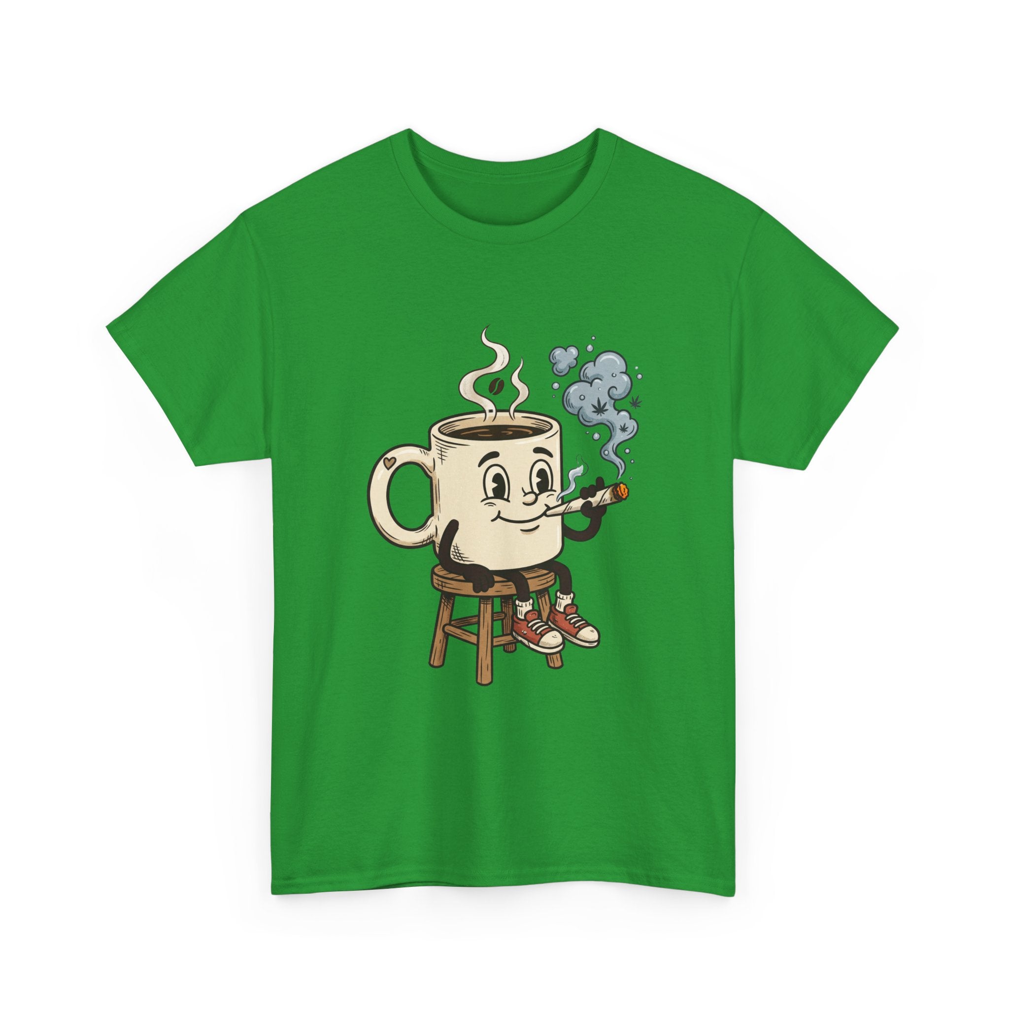 Coffee and a joint Character Tee — Retro Smiling Cup Smoking weed Graphic T-Shirt