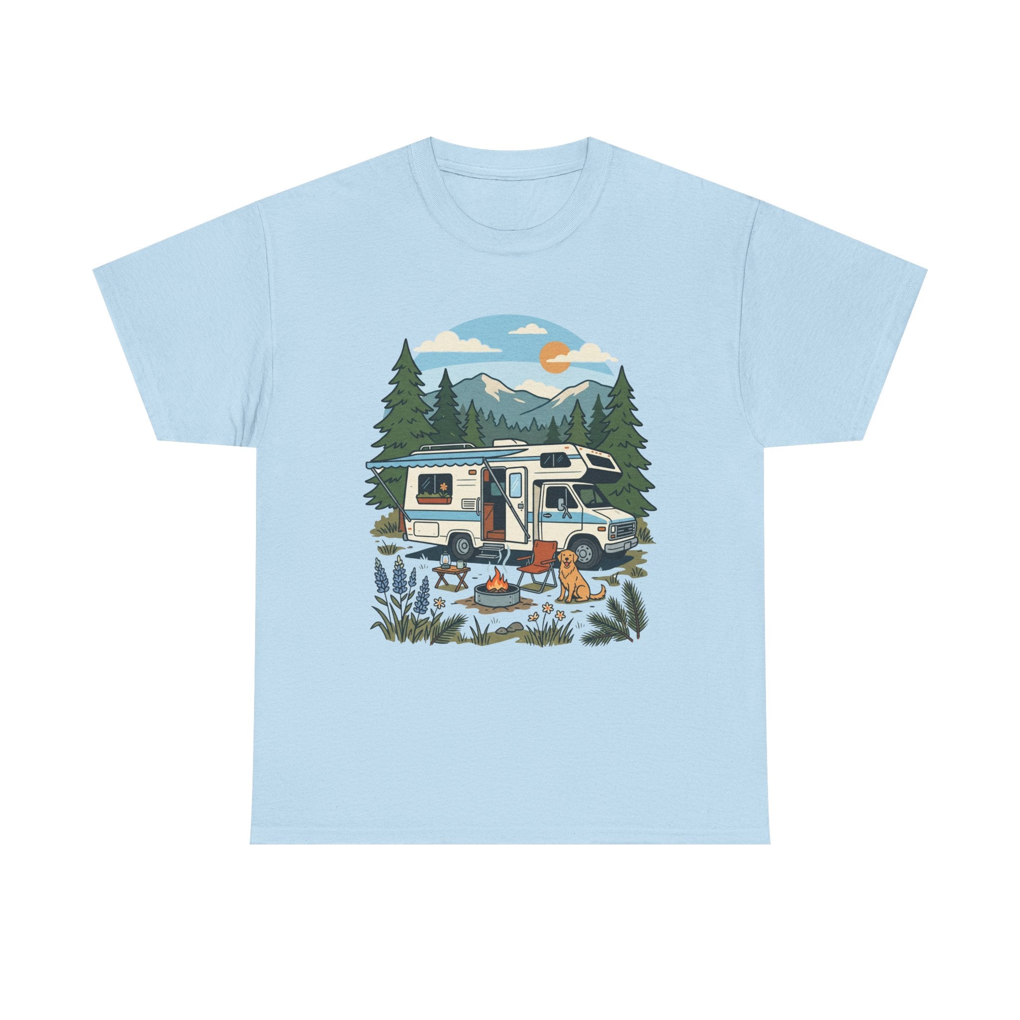 Camper Van Camping T‑Shirt — Retro RV Campfire Graphic Tee for Outdoors Lovers
