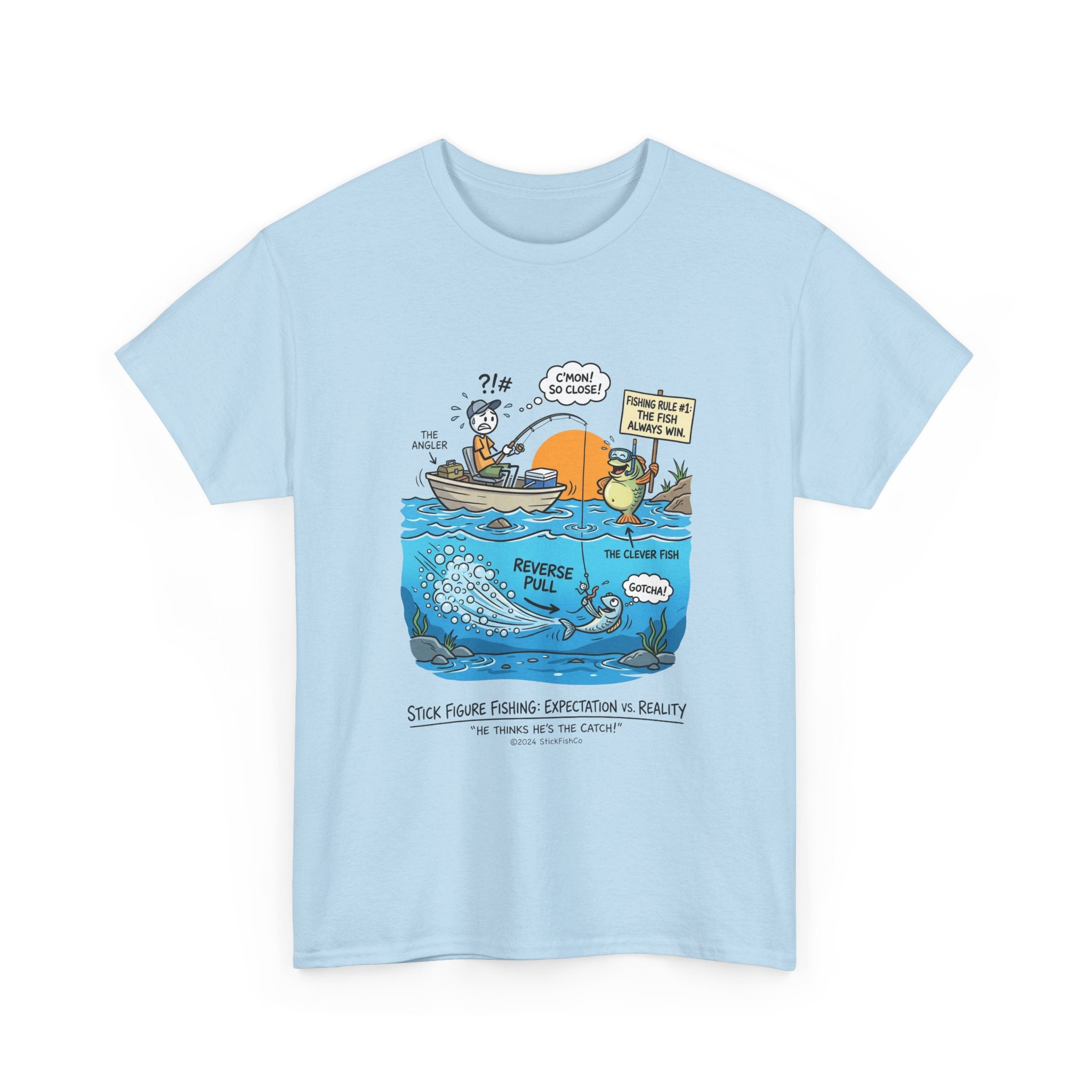Fishing Cartoon T-Shirt — 'Reverse Take' Sunset Boating Tee
