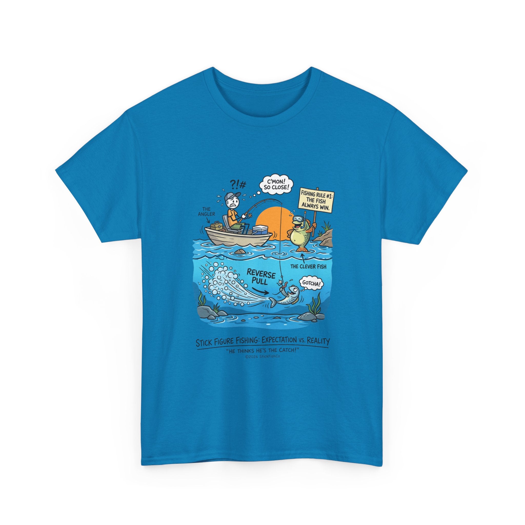 Fishing Cartoon T-Shirt — 'Reverse Take' Sunset Boating Tee
