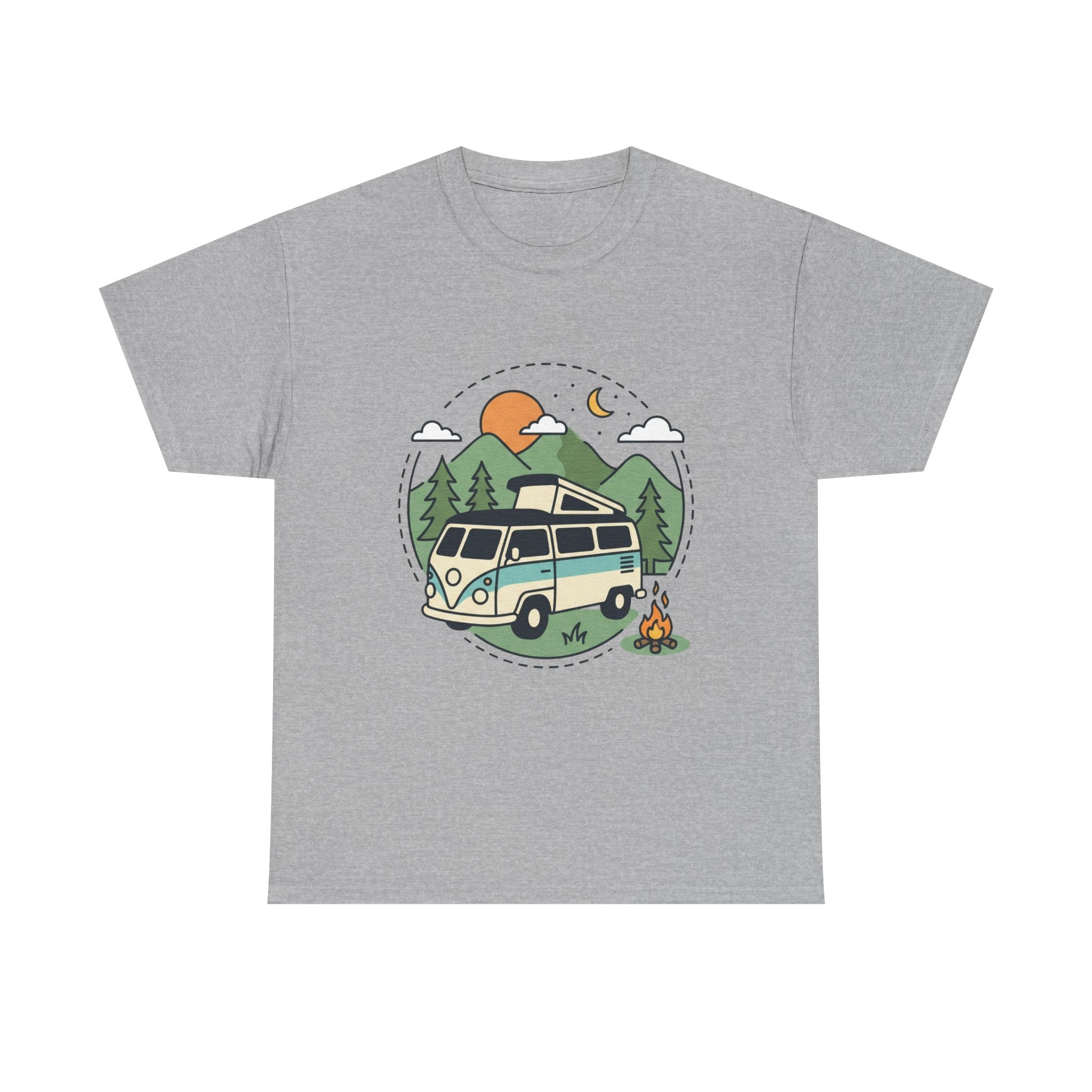 Camper Van Camping T‑Shirt — Retro Van, Mountains & Campfire Tee