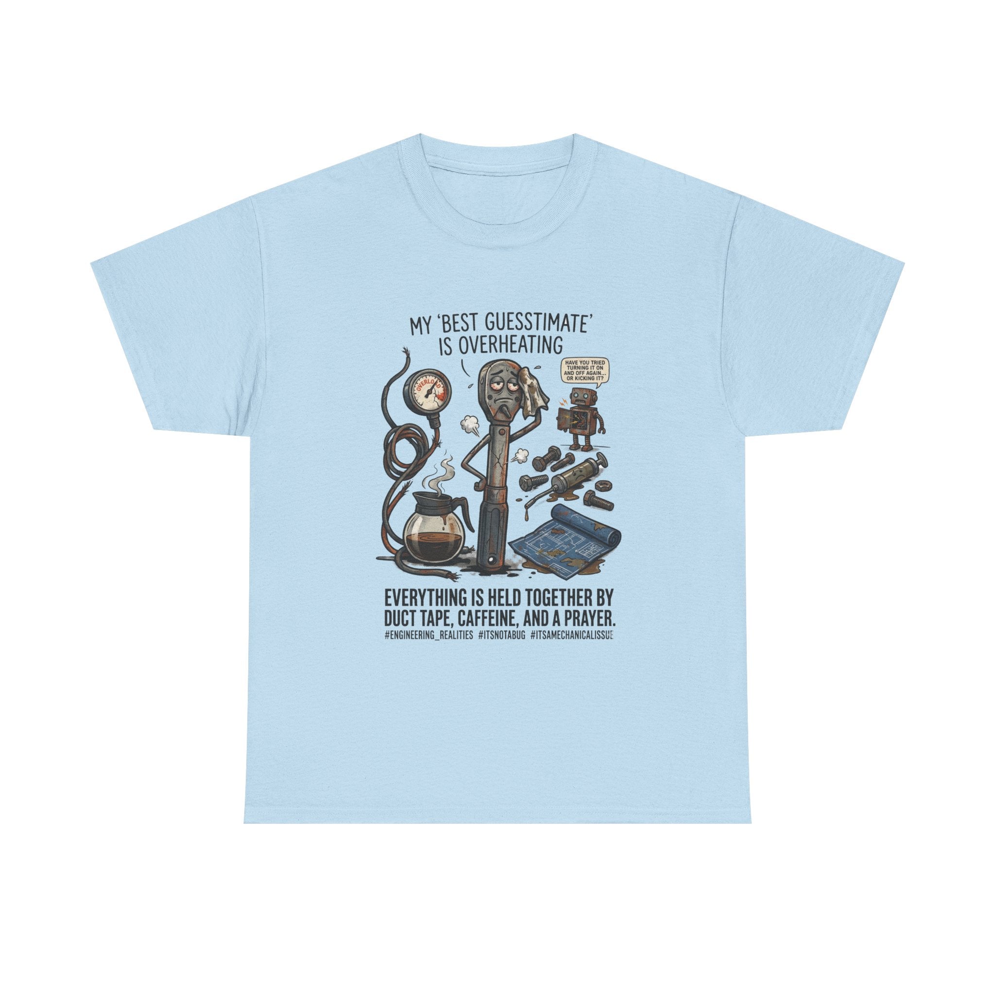 Mechanic Humor T-Shirt - "My Best Guessmate Is Overheating" Vintage Tools, Duct Tape & Caffeine Tee