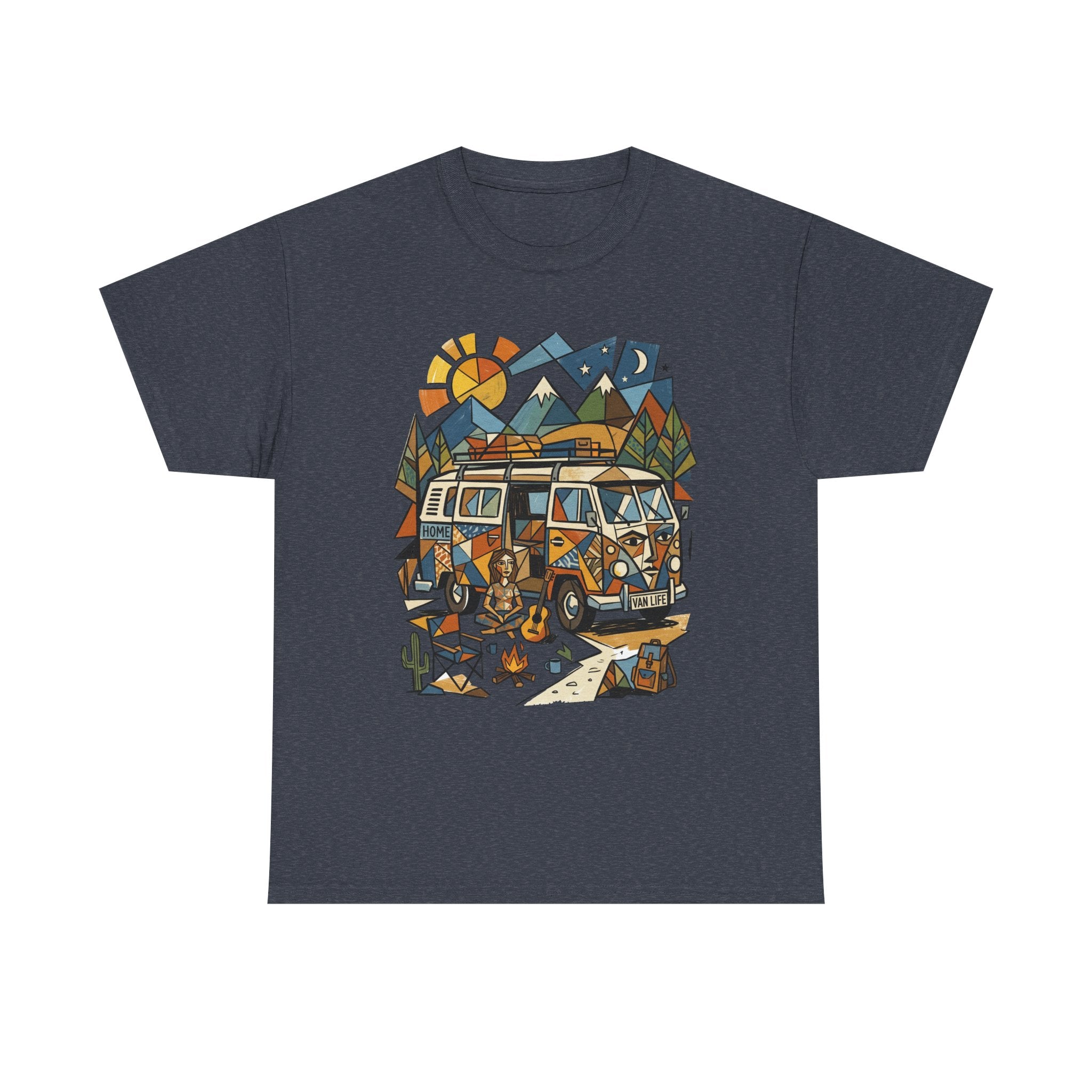 Adventure Van Camping T-Shirt — Retro Camper Van, Mountains & Campfire Graphic Tee