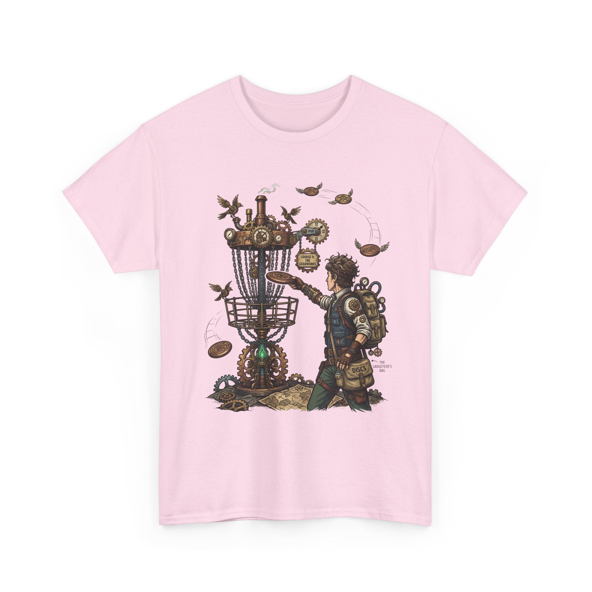Disc Golf Adventure T‑Shirt — Steampunk Player & Birdie Basket Graphic Tee