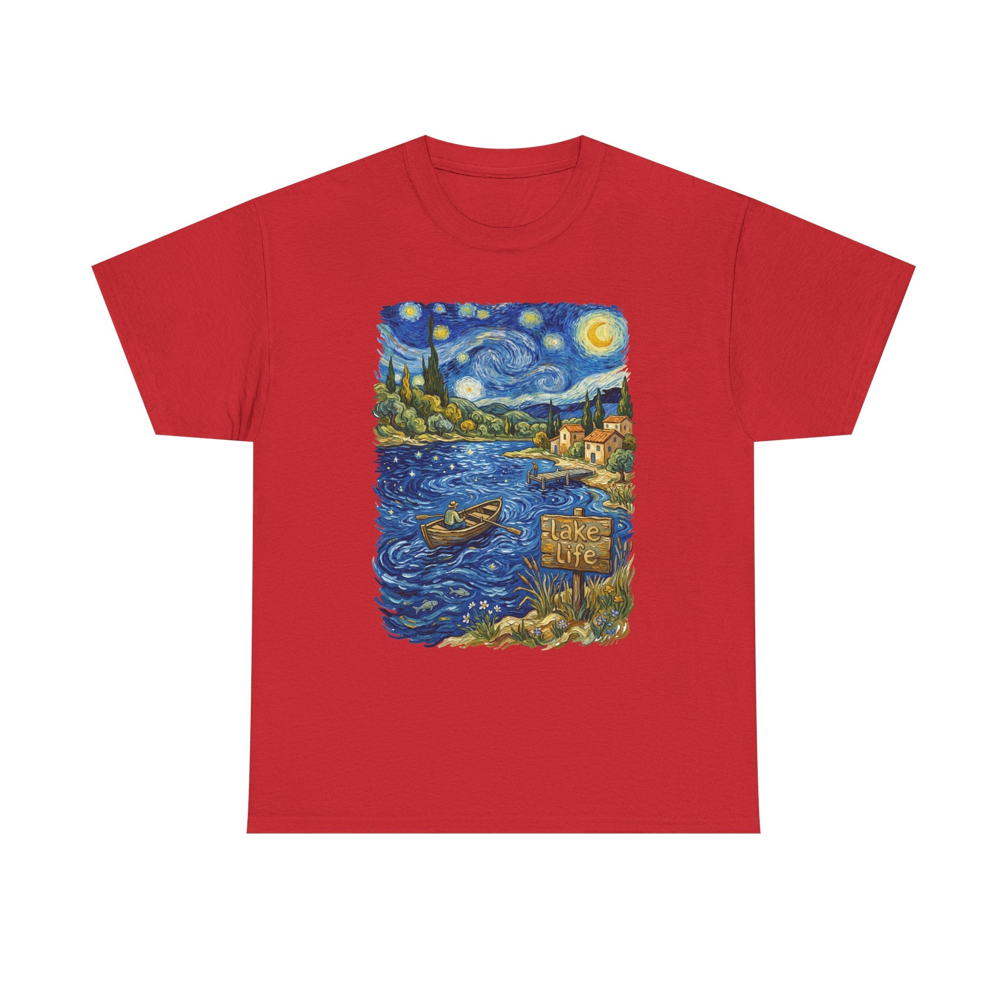 T-Shirt — Van Gogh Night Lake Art Tee (Boat on Starry Night)