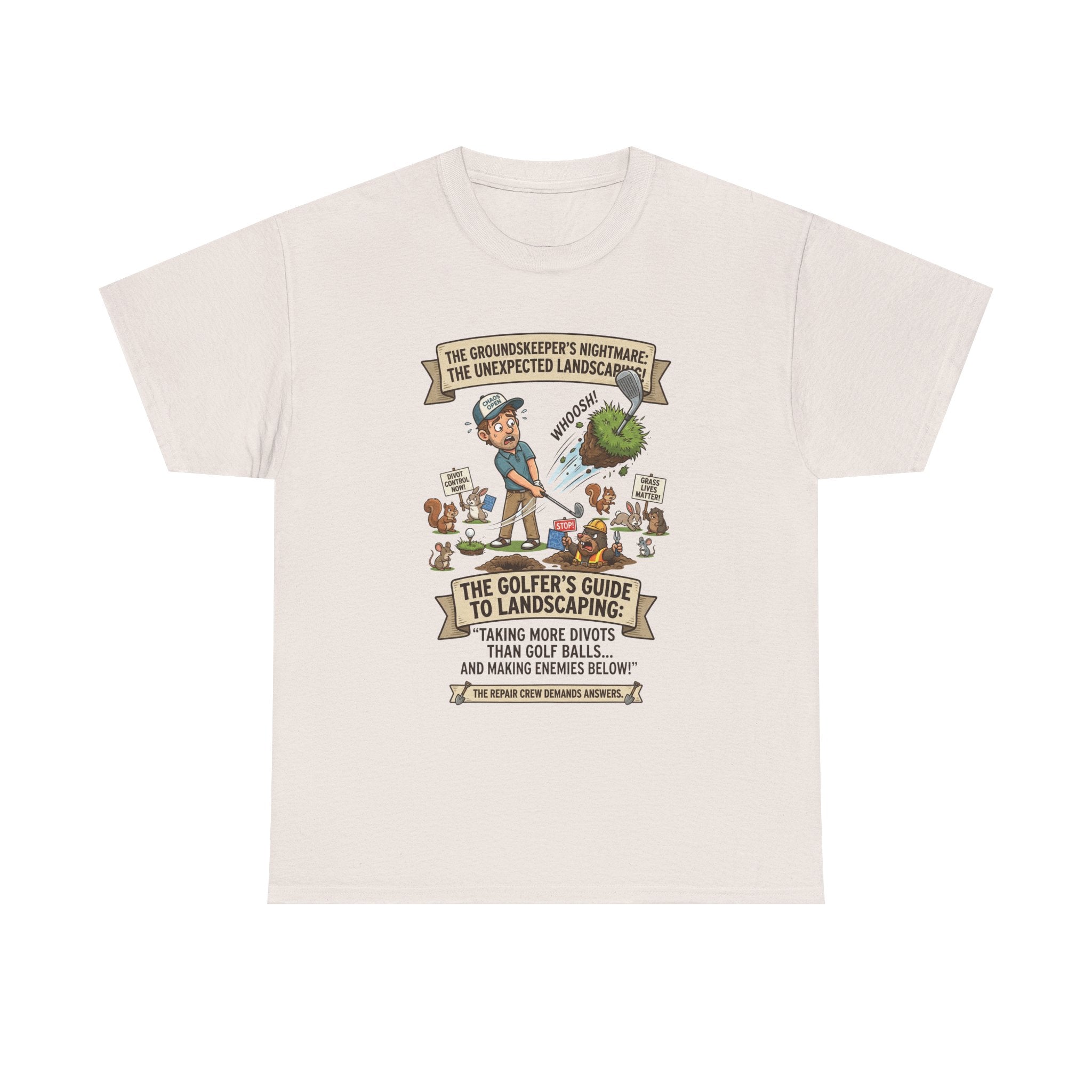 Golf T-Shirt — "The Golfer’s Guide to Landscaping" Funny Divot Course Humor Tee
