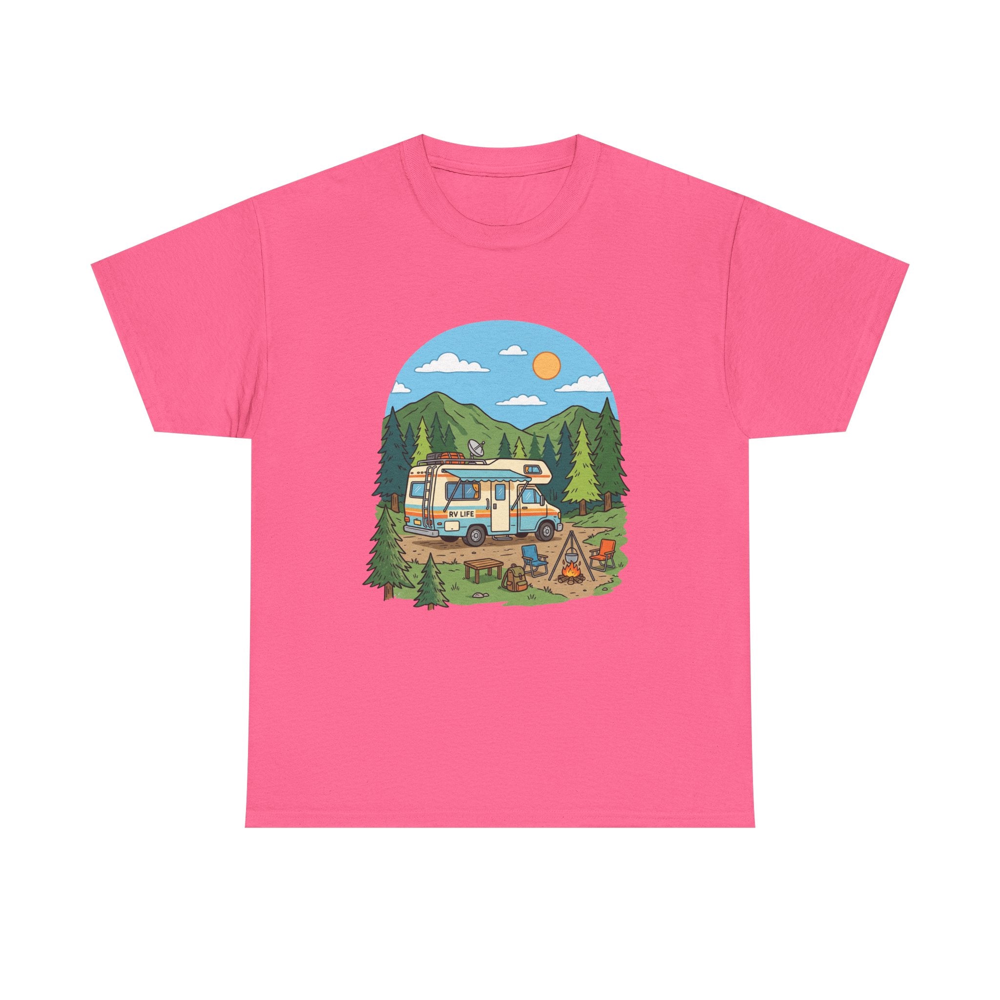 Camping Van Graphic Tee — Retro Camper Van & Campfire Outdoor Shirt