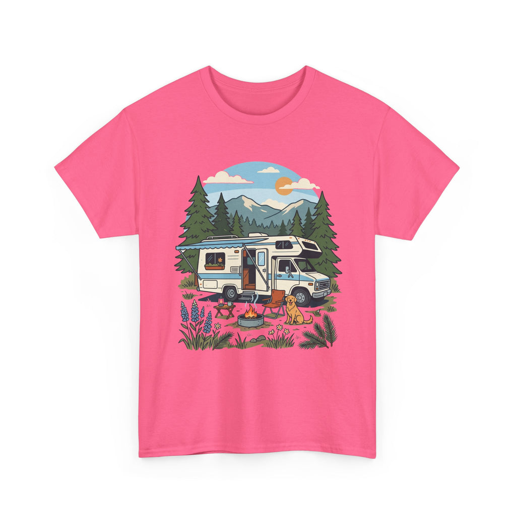 Camper Van Camping T‑Shirt — Retro RV Campfire Graphic Tee for Outdoors Lovers
