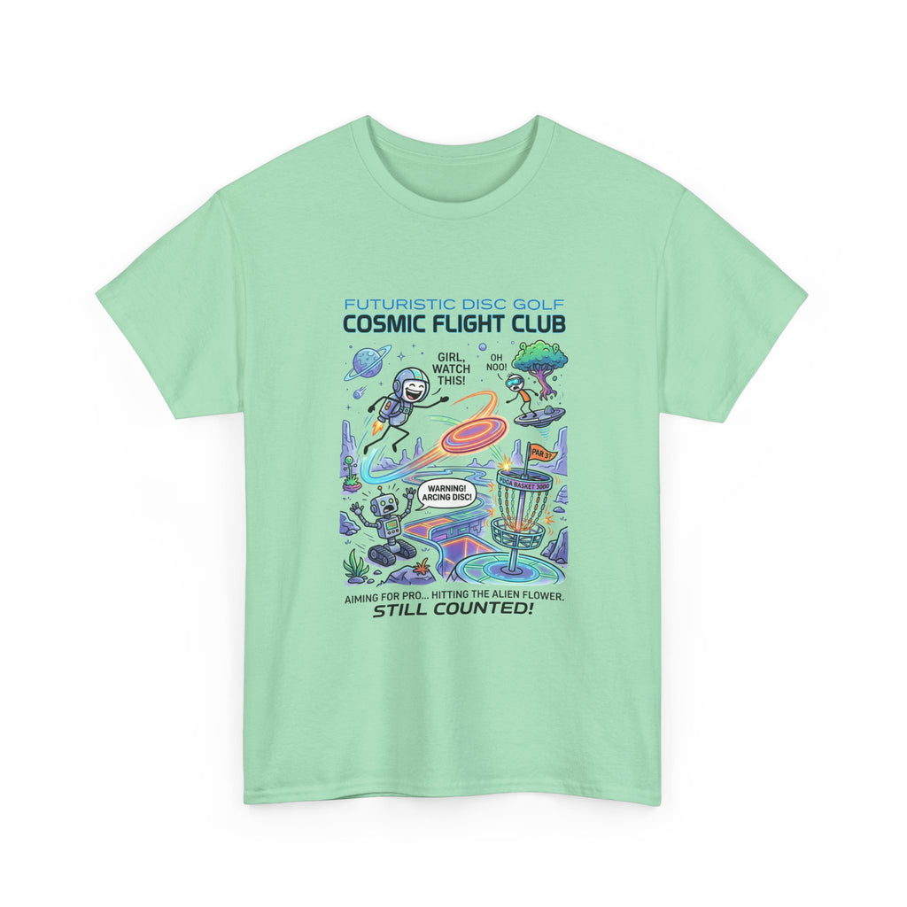 Cosmic Flight Club Disc Golf T-Shirt — Futuristic Outer Space Design