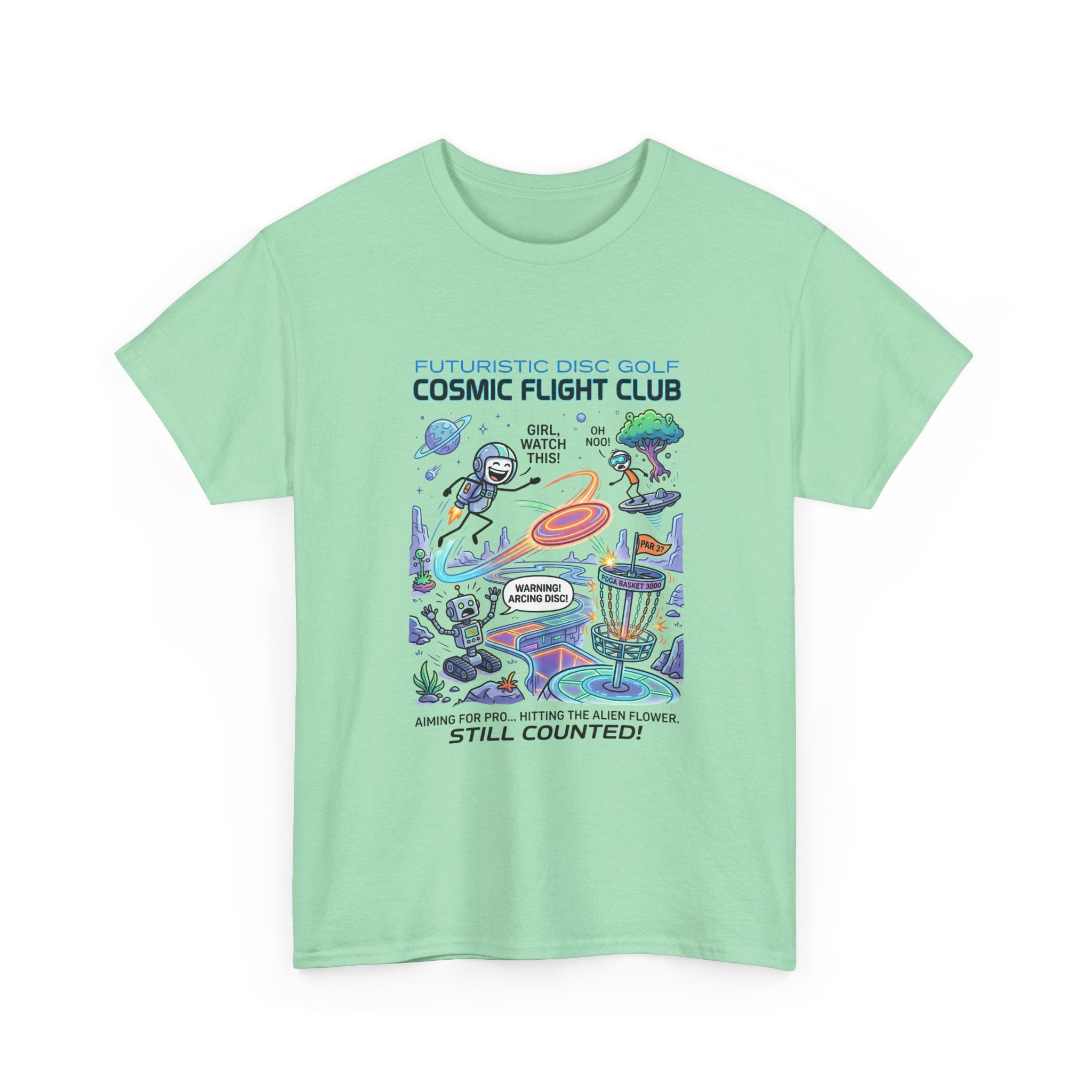 Cosmic Flight Club Disc Golf T-Shirt — Futuristic Outer Space Design