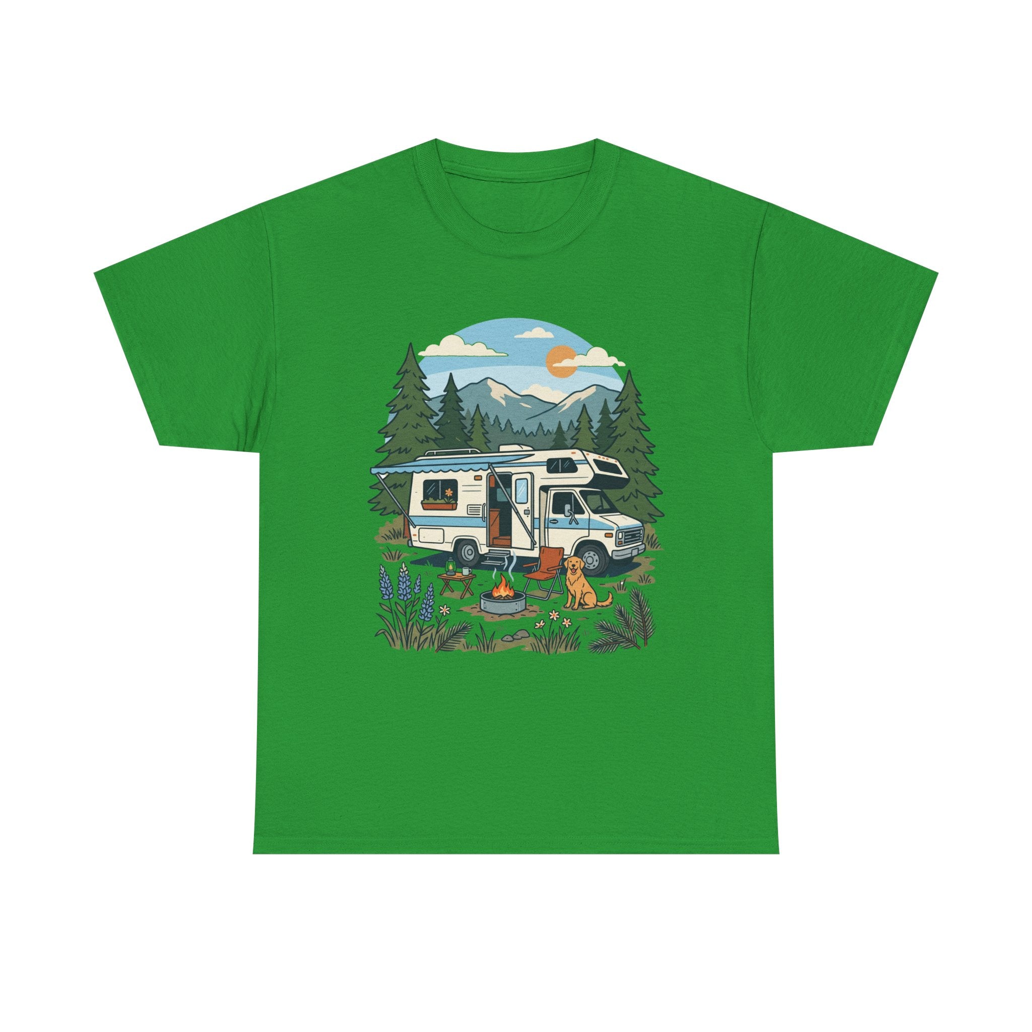 Camper Van Camping T‑Shirt — Retro RV Campfire Graphic Tee for Outdoors Lovers