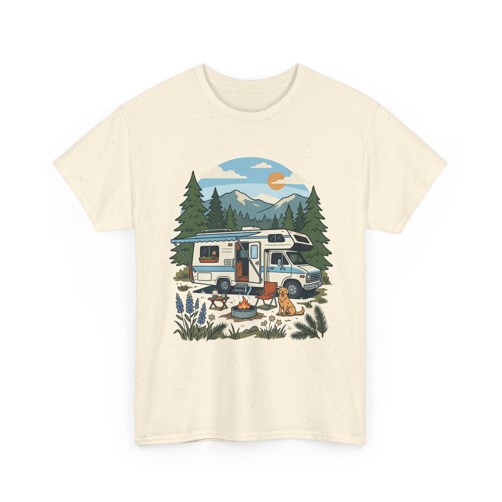 Camper Van Camping T‑Shirt — Retro RV Campfire Graphic Tee for Outdoors Lovers