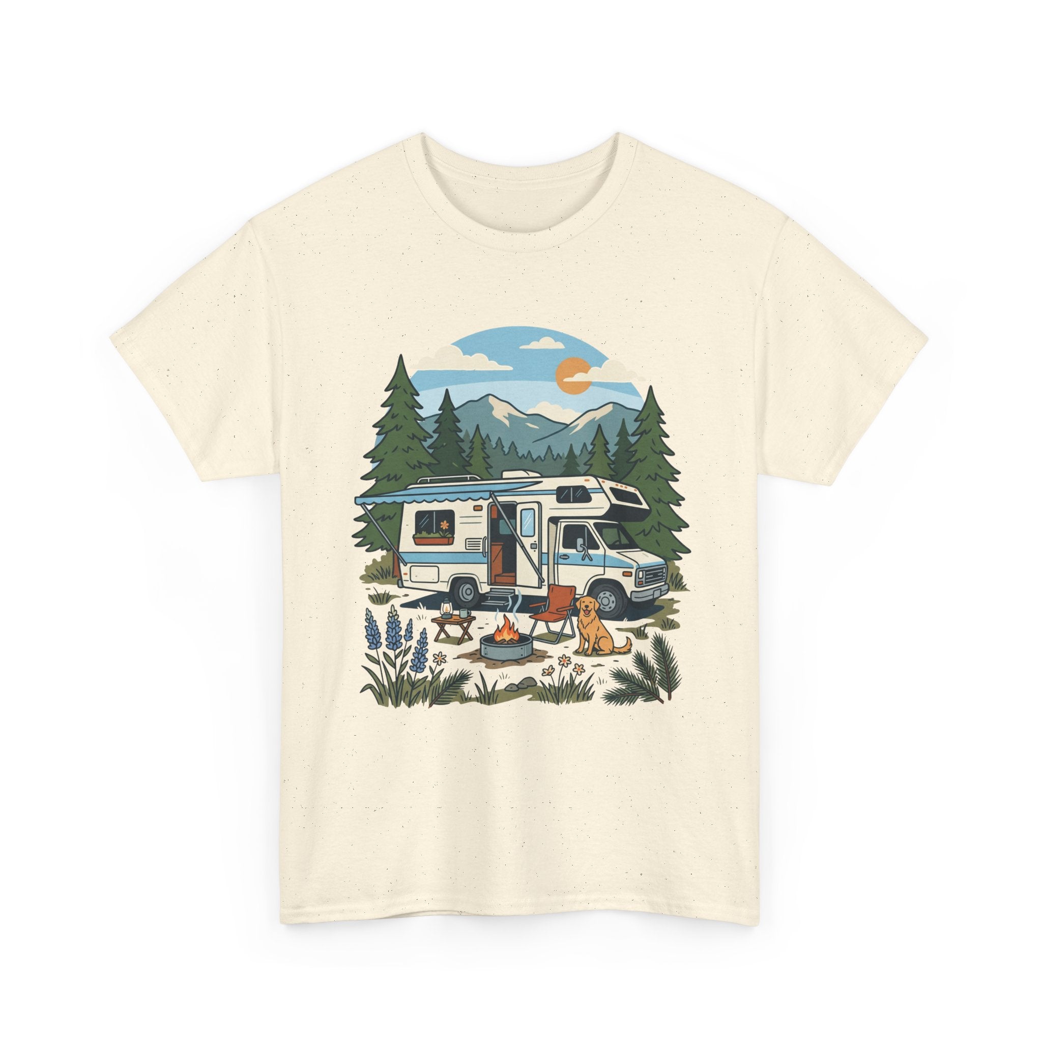 Camper Van Camping T‑Shirt — Retro RV Campfire Graphic Tee for Outdoors Lovers
