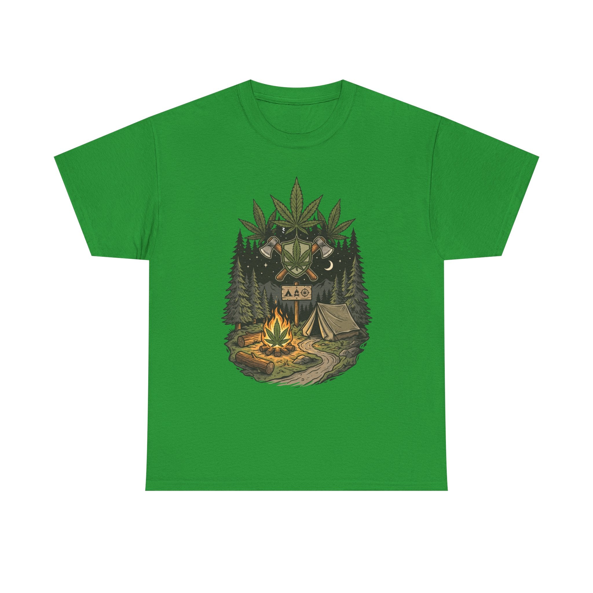 Camping Bear Graphic Tee — Forest Campfire & Leaf Emblem T-Shirt