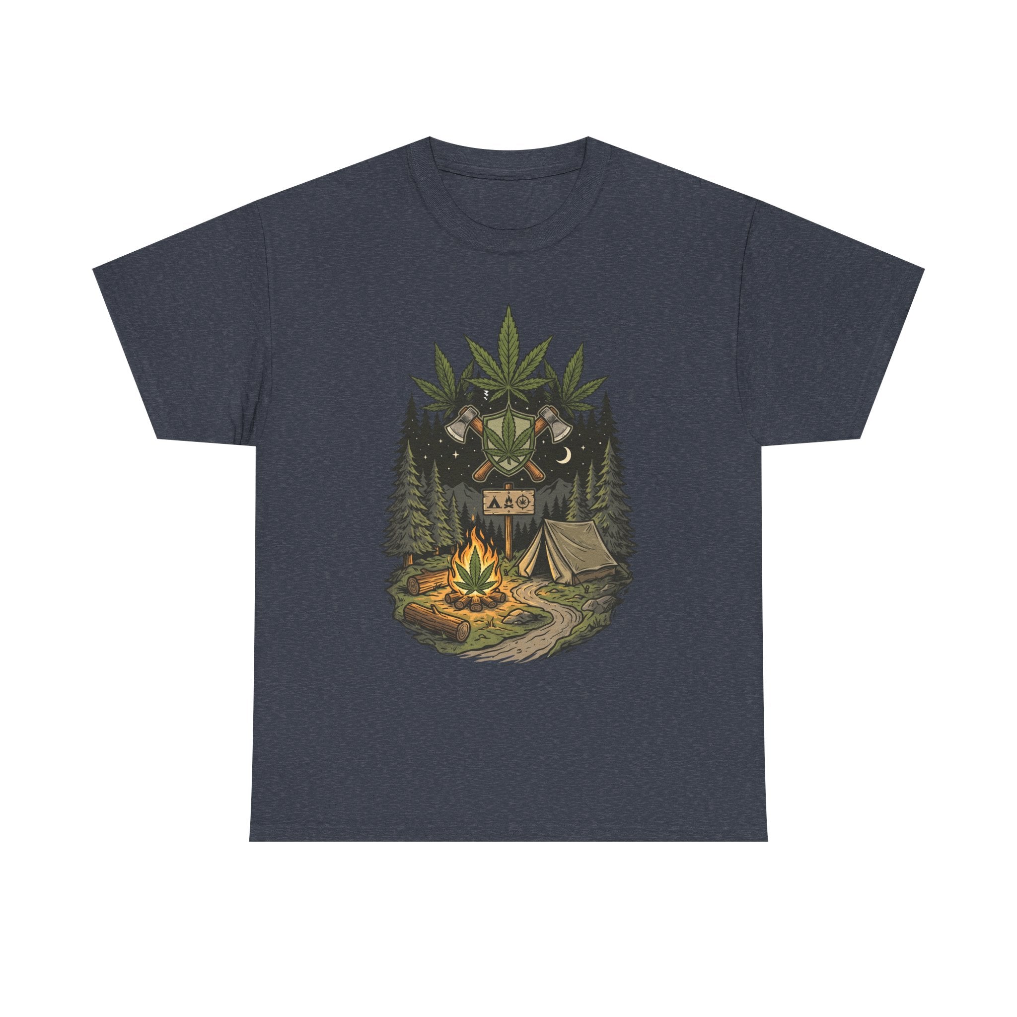 Camping Bear Graphic Tee — Forest Campfire & Leaf Emblem T-Shirt