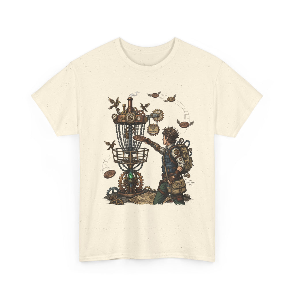 Disc Golf Adventure T‑Shirt — Steampunk Player & Birdie Basket Graphic Tee