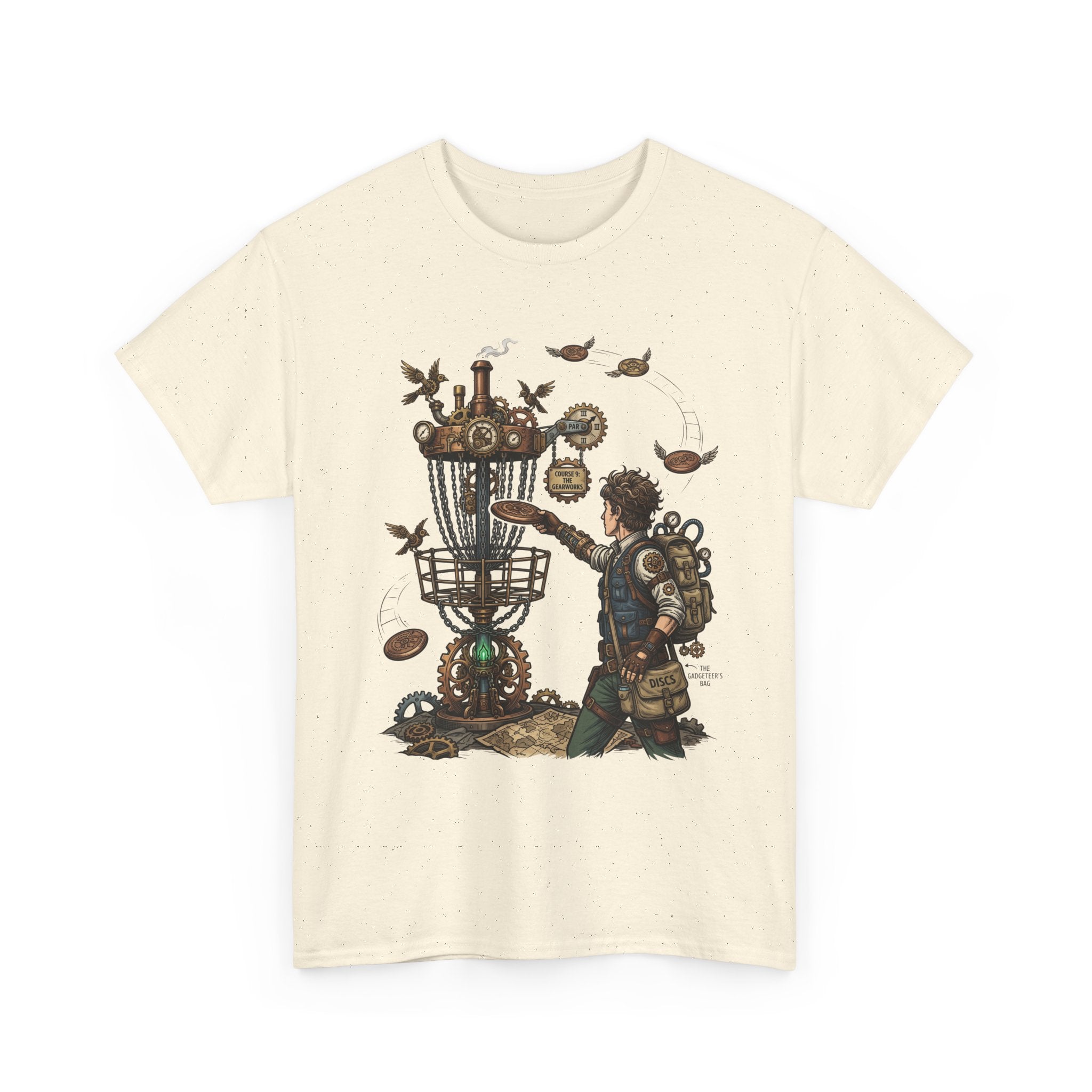 Disc Golf Adventure T‑Shirt — Steampunk Player & Birdie Basket Graphic Tee