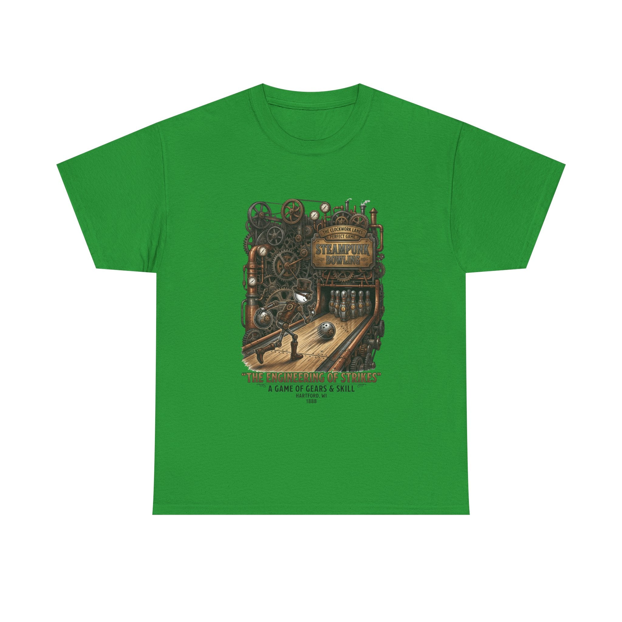Steampunk Bowling T-Shirt — "The Engineering of Strikes" Vintage Gears Design