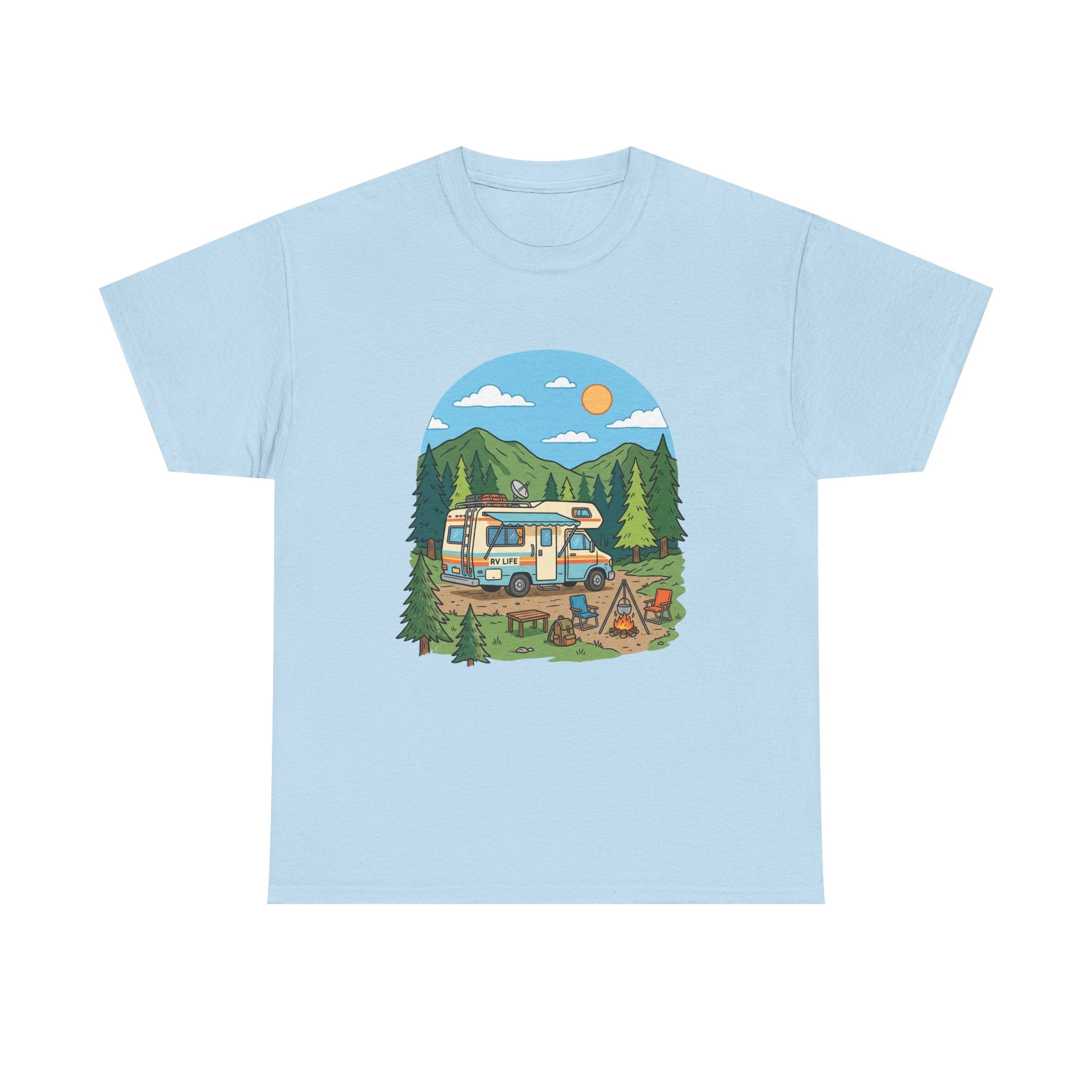 Camping Van Graphic Tee — Retro Camper Van & Campfire Outdoor Shirt