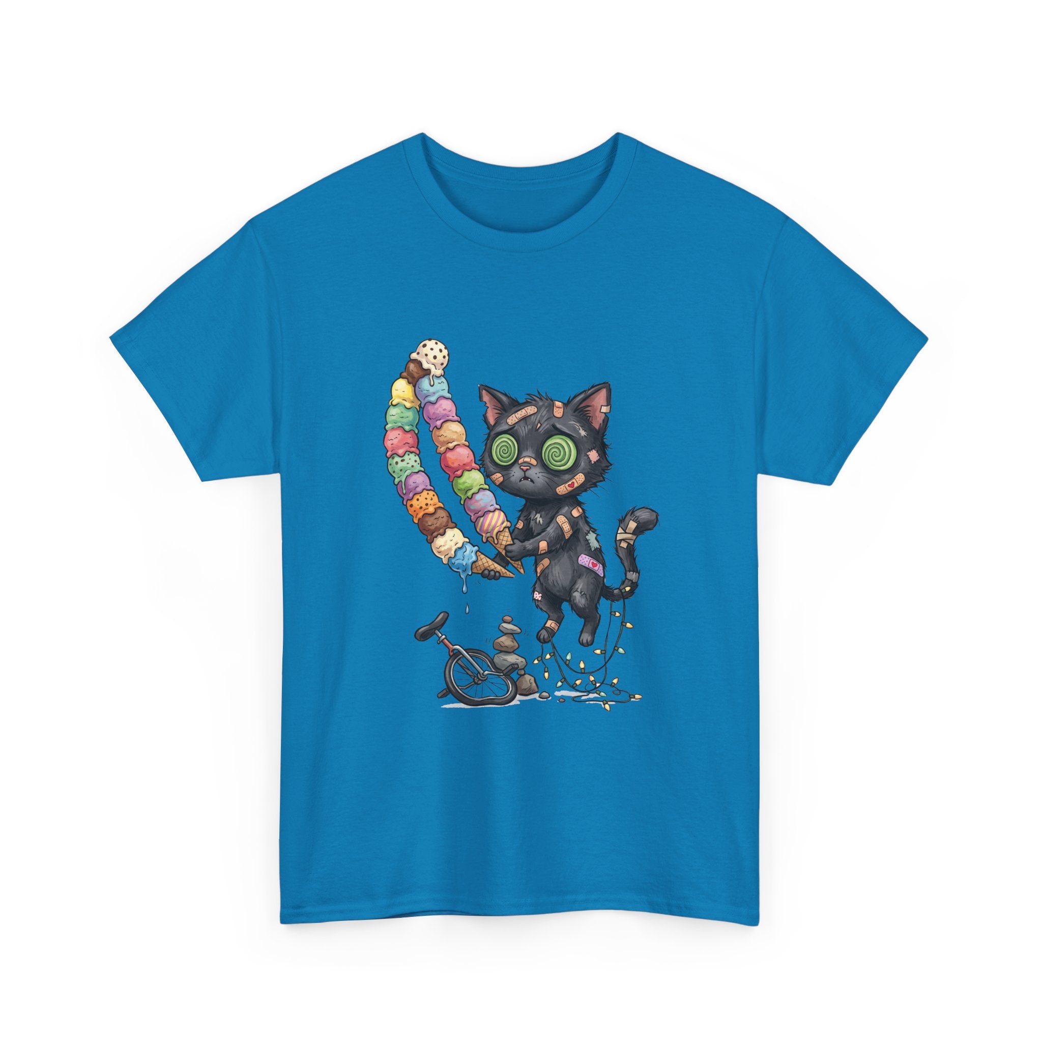 Cat with Ice Cream Graphic Tee — Cute Retro Kawaii Black Cat Holding Rainbow Ice Cream