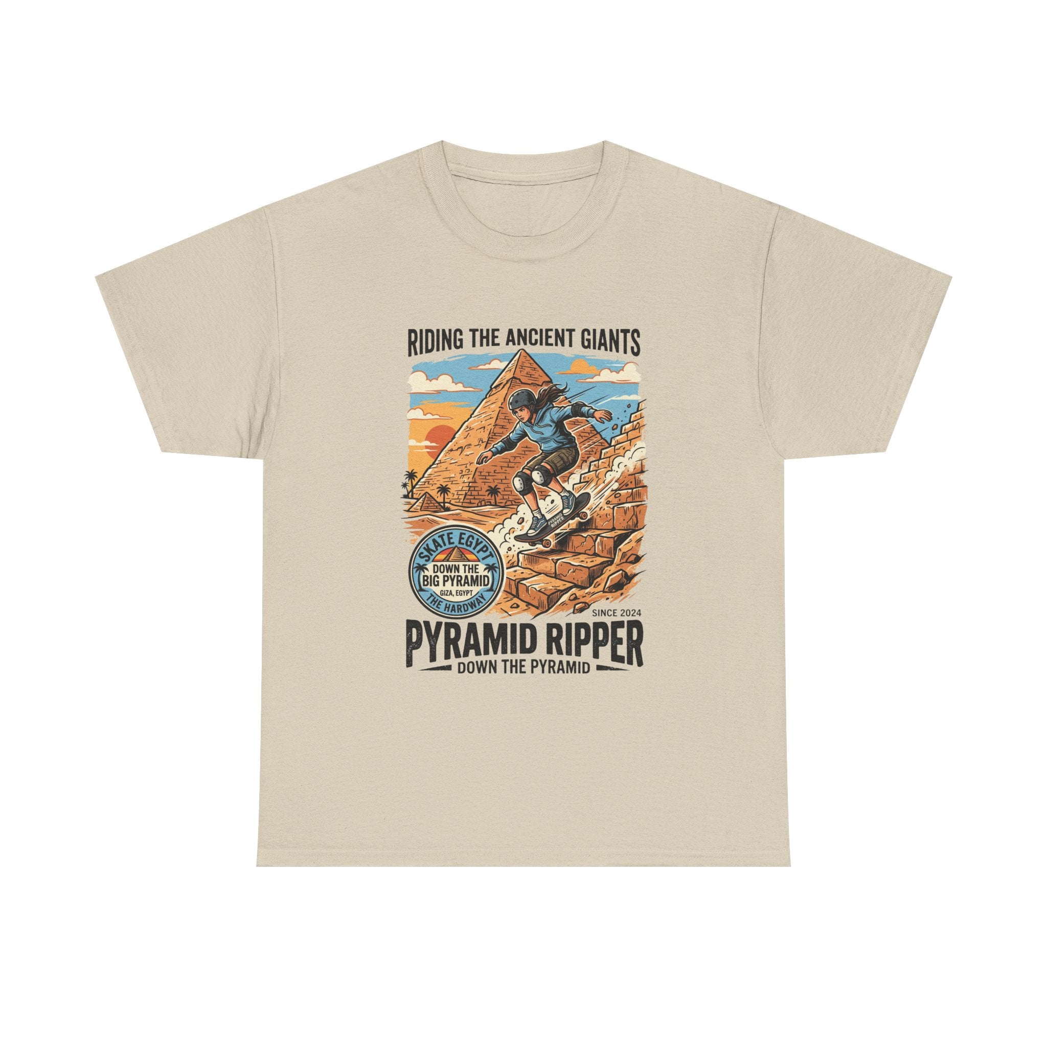 Pyramid Skateboarder T-Shirt — 'Riding the Ancient Giants' Vintage Surf Graphic