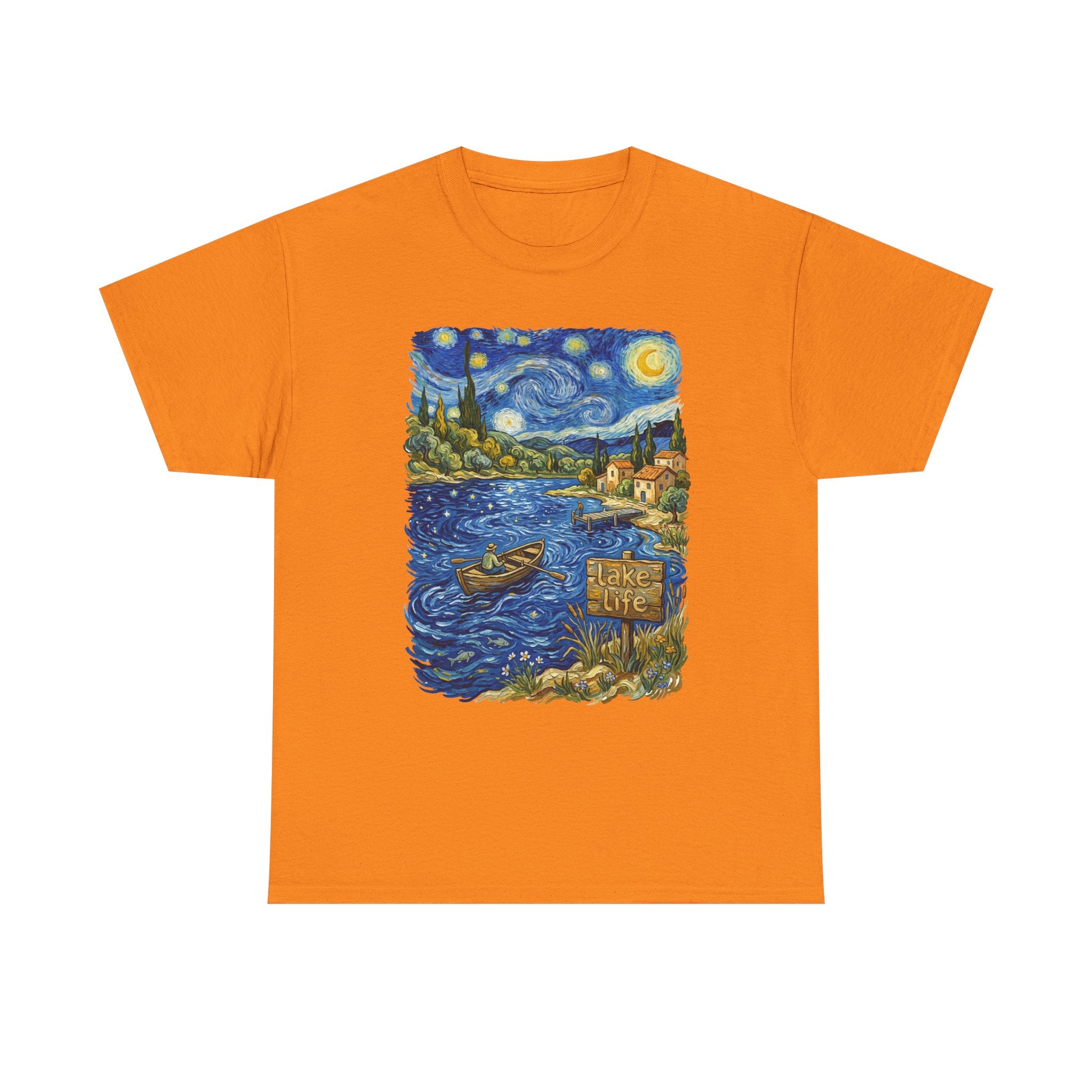 T-Shirt — Van Gogh Night Lake Art Tee (Boat on Starry Night)