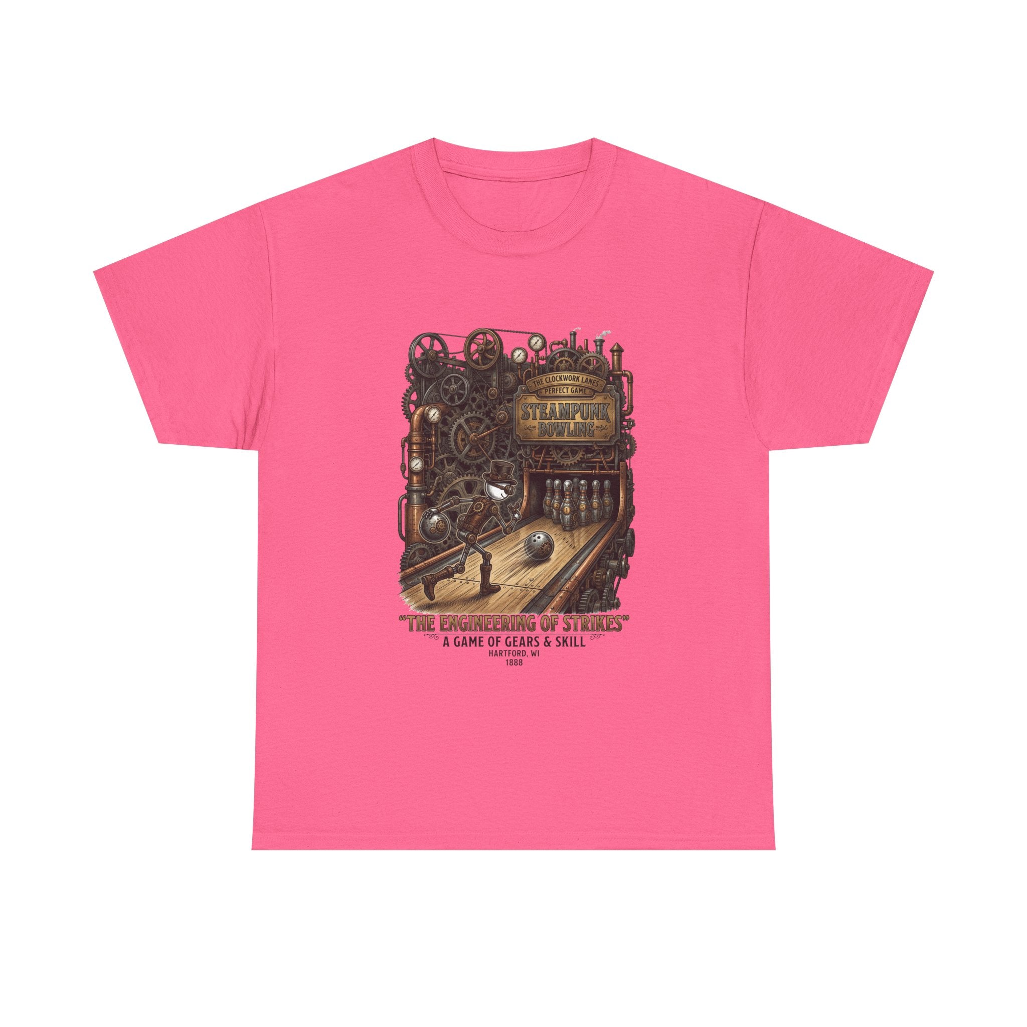 Steampunk Bowling T-Shirt — "The Engineering of Strikes" Vintage Gears Design
