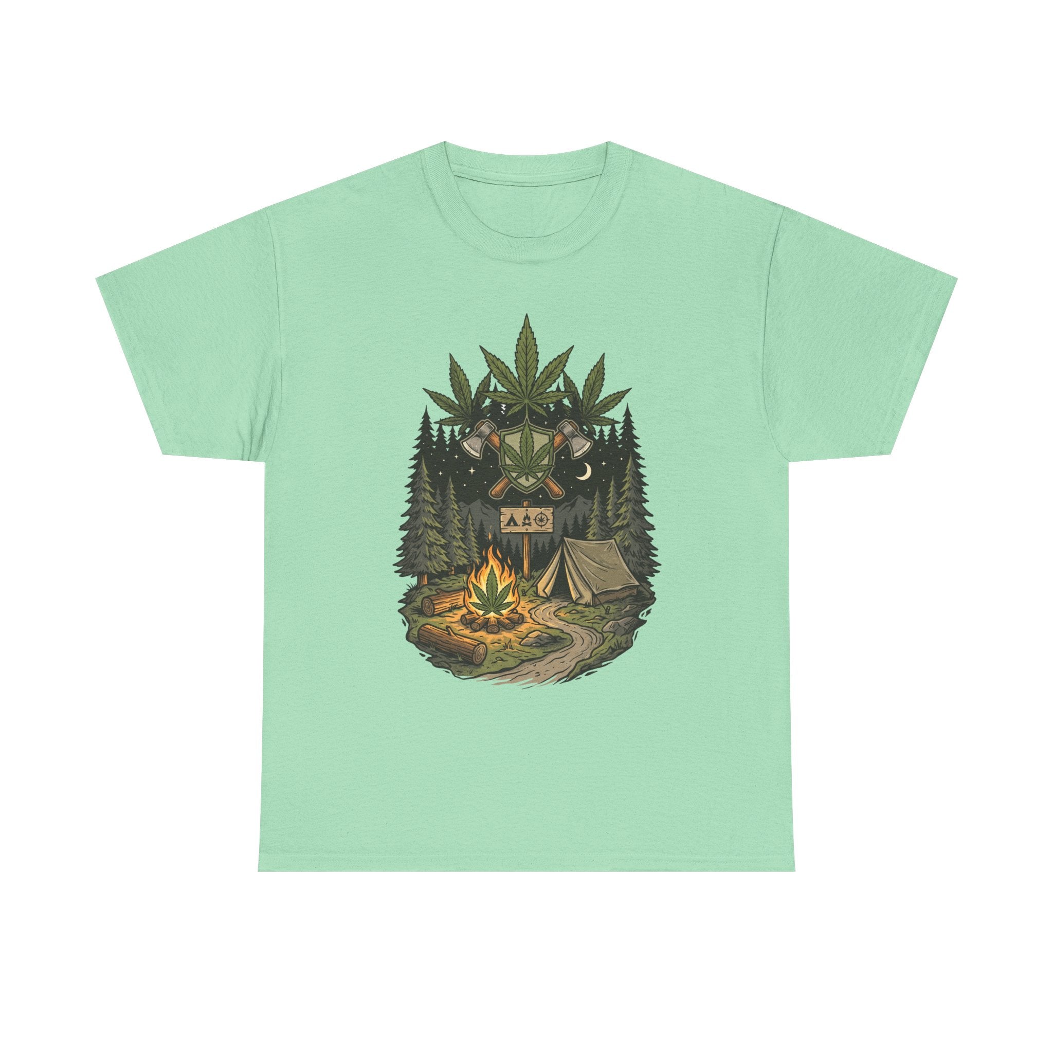 Camping Bear Graphic Tee — Forest Campfire & Leaf Emblem T-Shirt