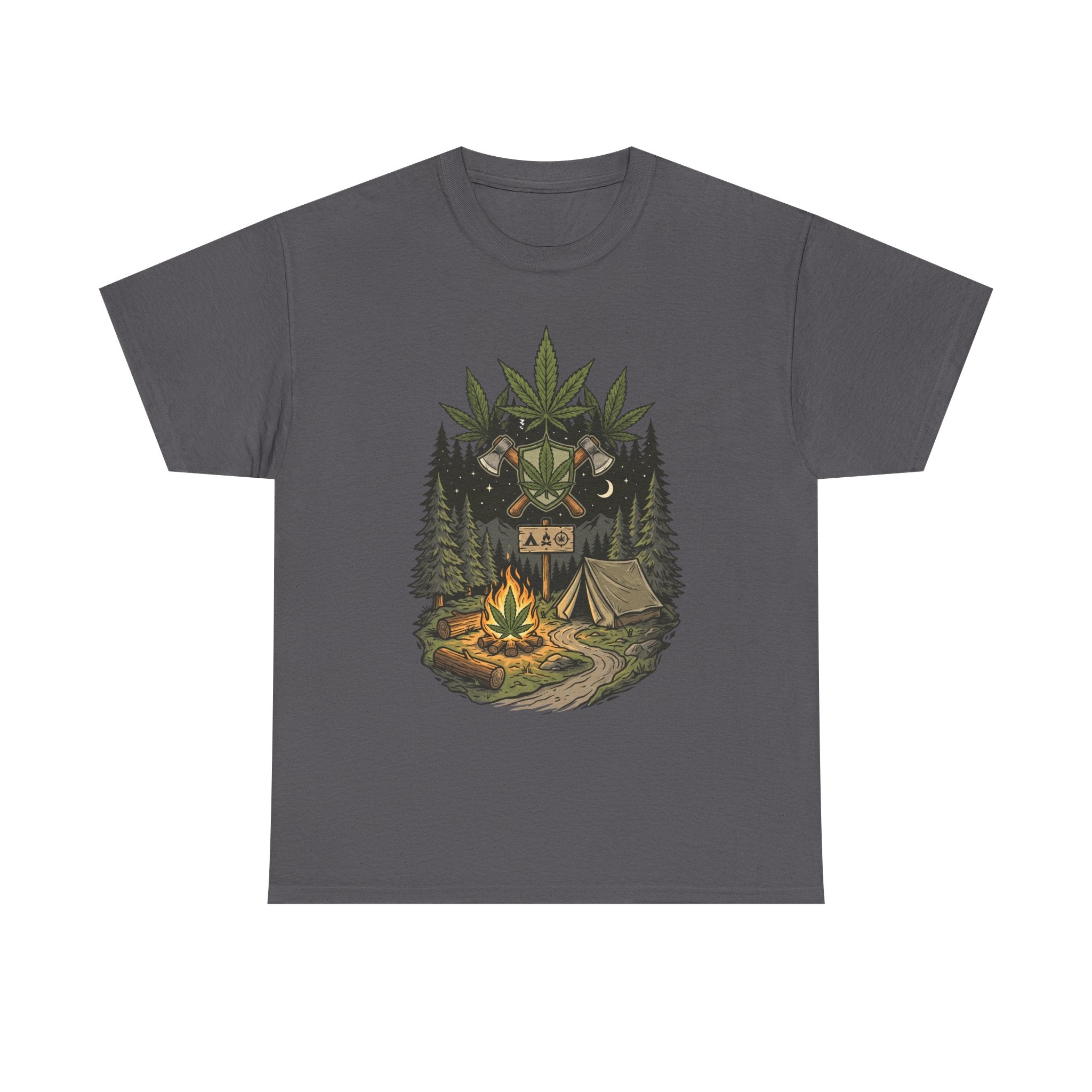 Camping Bear Graphic Tee — Forest Campfire & Leaf Emblem T-Shirt
