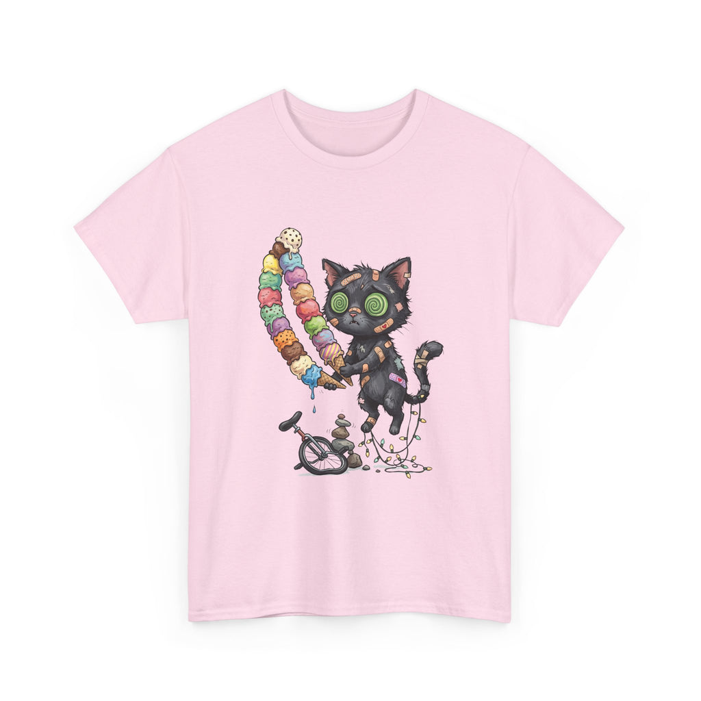 Cat with Ice Cream Graphic Tee — Cute Retro Kawaii Black Cat Holding Rainbow Ice Cream
