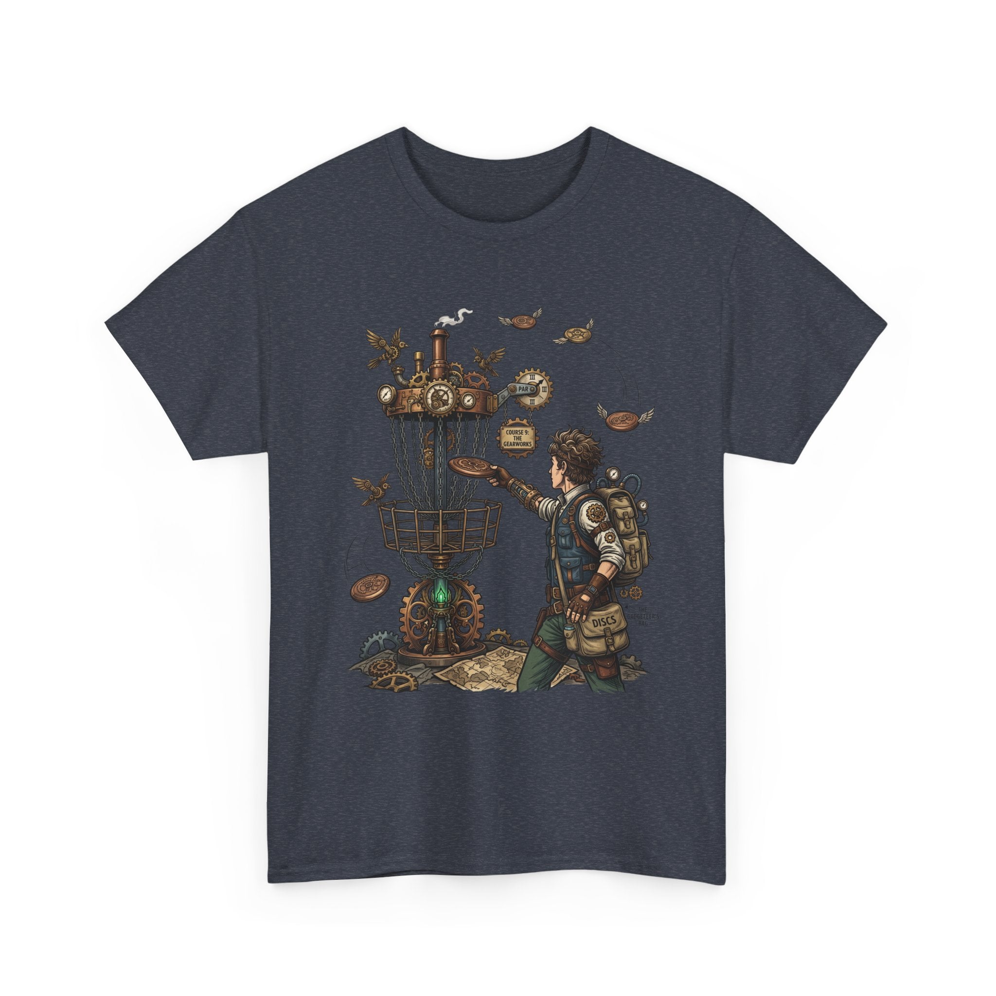 Disc Golf Adventure T‑Shirt — Steampunk Player & Birdie Basket Graphic Tee