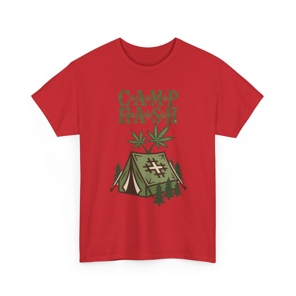 Camp Hash Cannabis Camping T‑Shirt — Retro Tent & Leaf Outdoor Smoke Tee