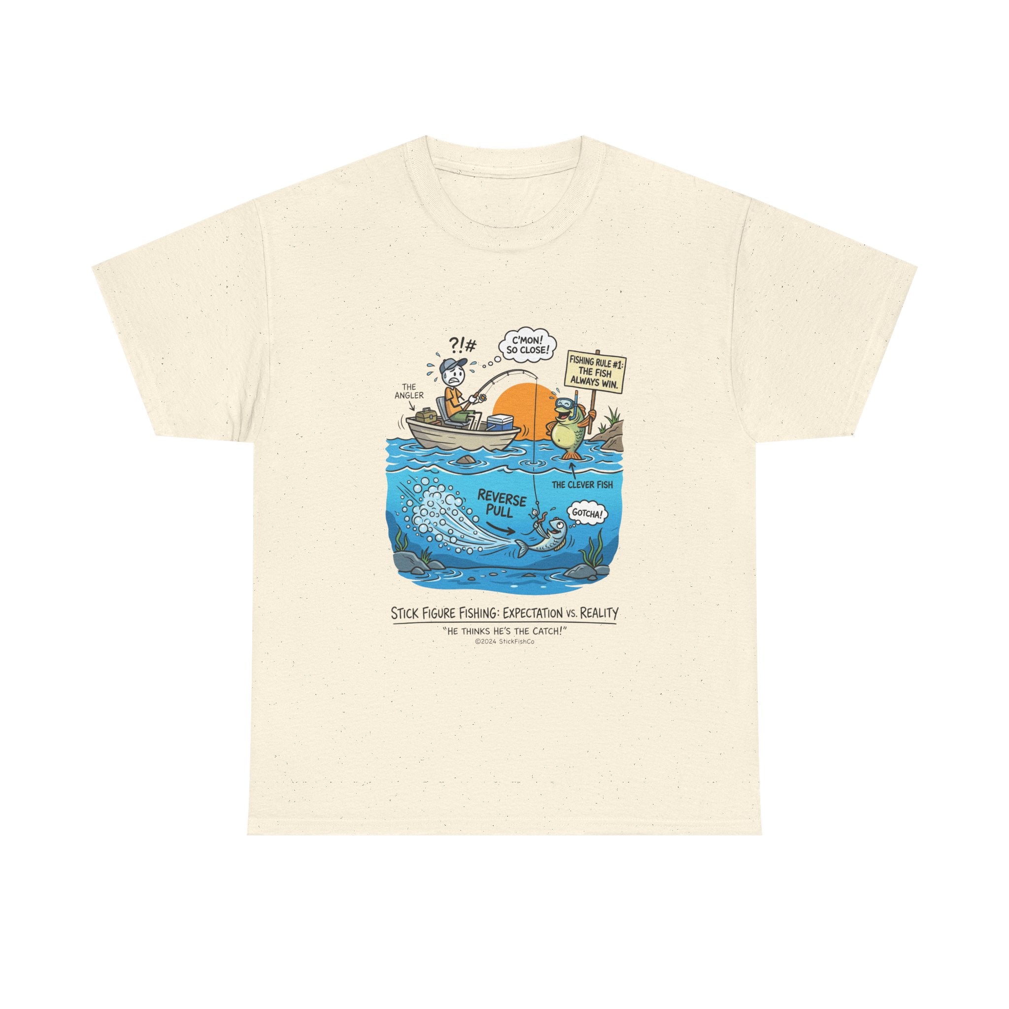 Fishing Cartoon T-Shirt — 'Reverse Take' Sunset Boating Tee