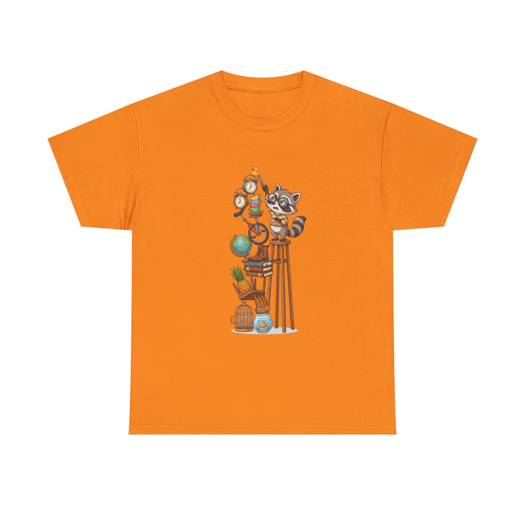 Raccoon & Curiosity Shelf T‑Shirt — Cute Scientist Animal Stack Graphic Tee