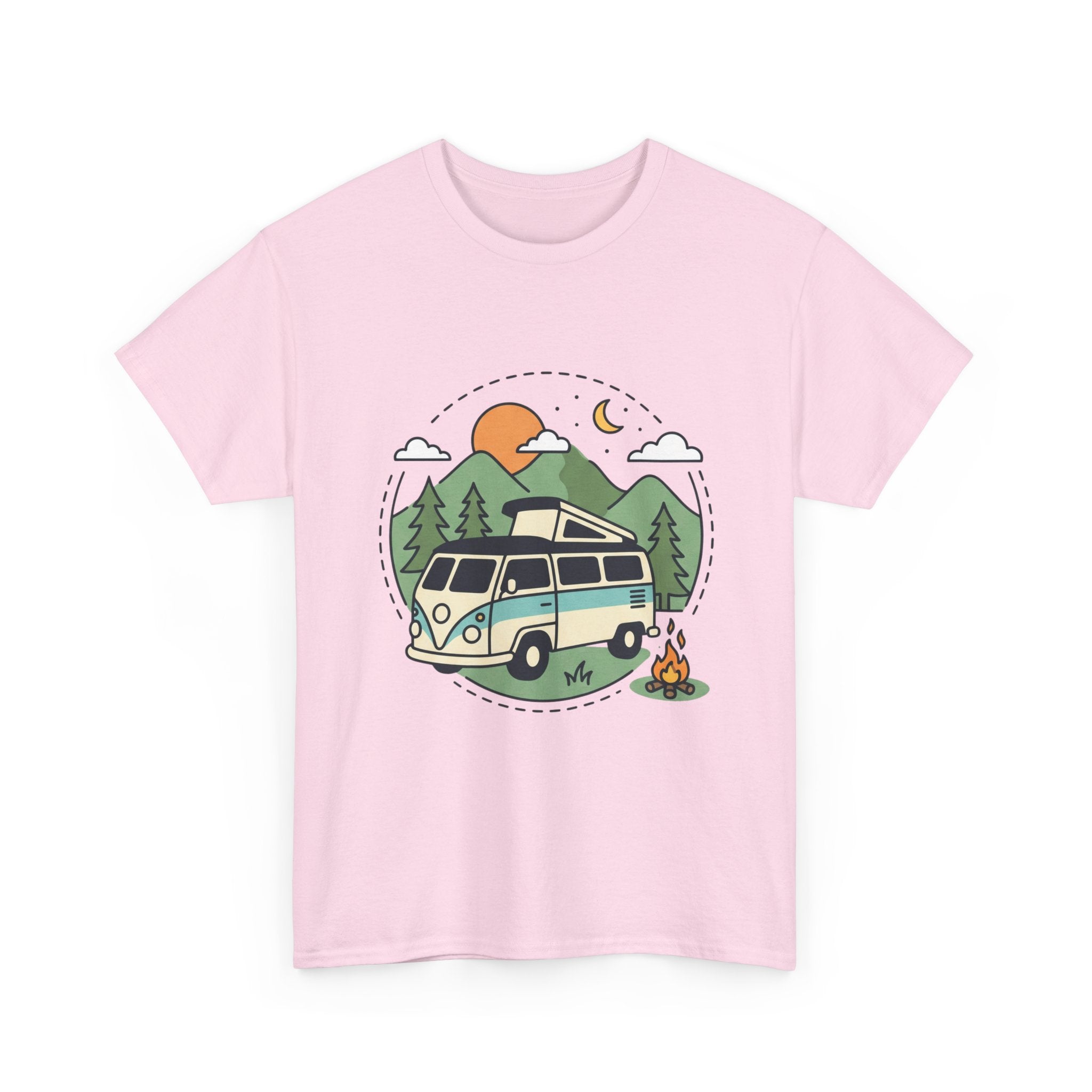 Camper Van Camping T‑Shirt — Retro Van, Mountains & Campfire Tee