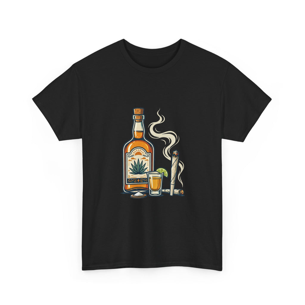 Tequila & Joint T-Shirt — Mexican Agave Bottle with Shot Glass and Joint Graphic